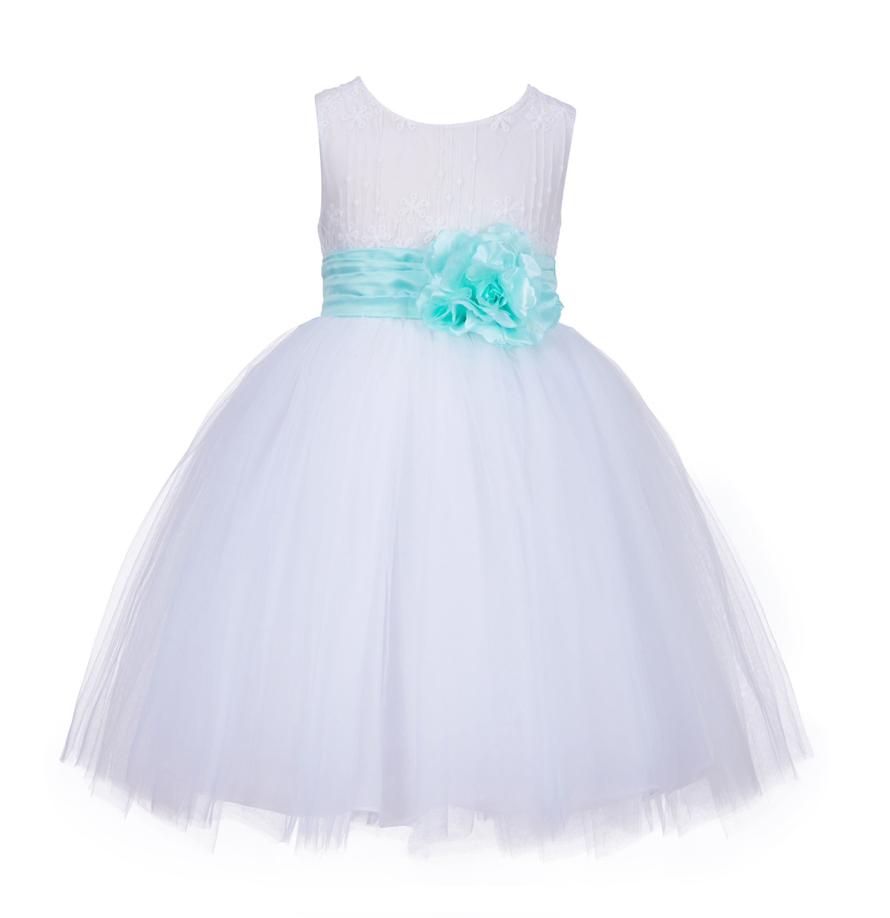 White/Mint Lace Embroidery Tulle Flower Girl Dress Wedding 118