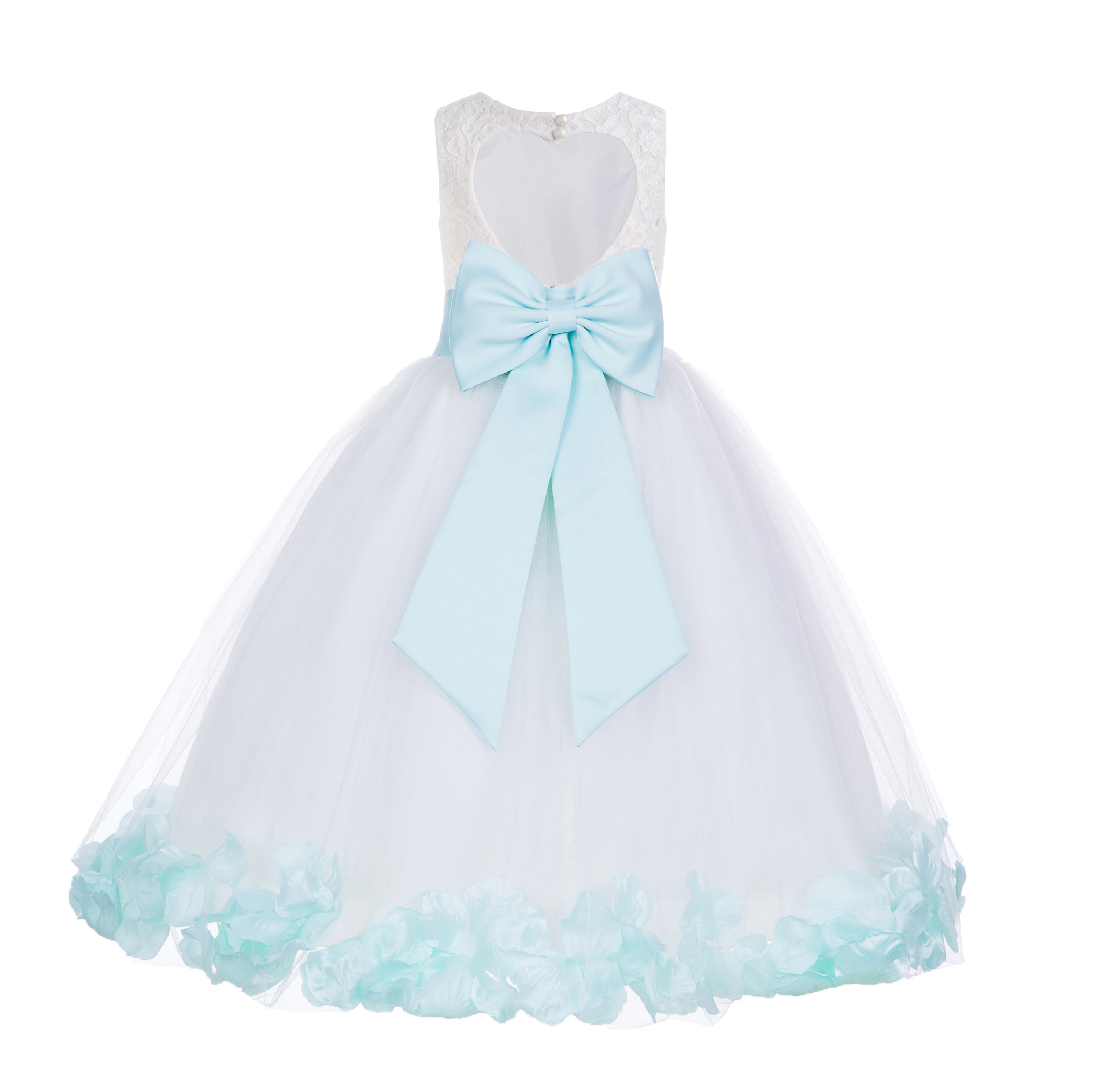White / Mint Floral Lace Heart Cutout Flower Girl Dress with Petals 185T