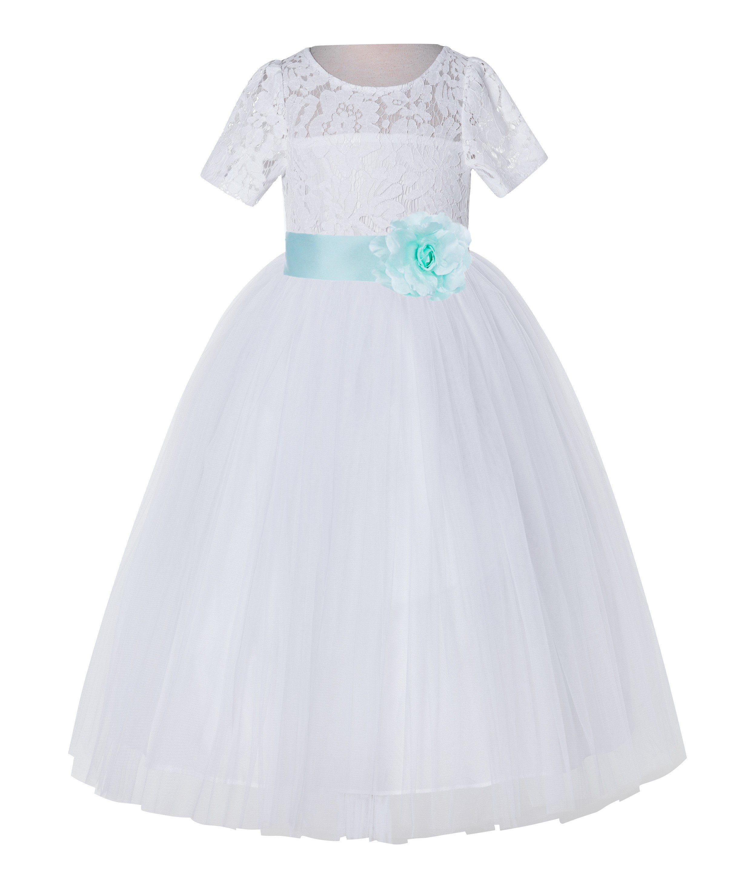 White / Mint Floral Lace Flower Girl Dress Vintage Dress LG2