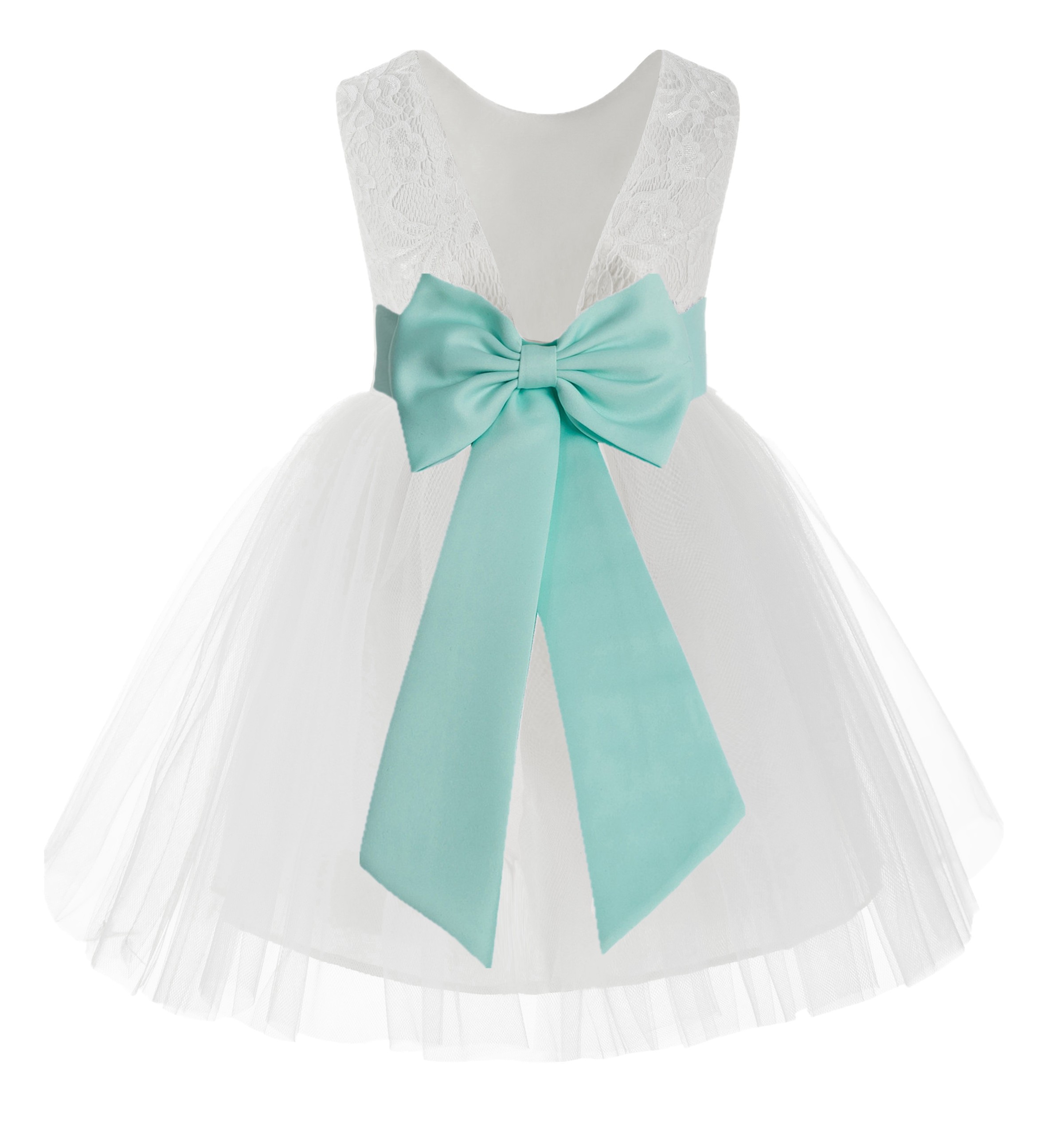 White / Mint Flower Backless Lace Flower Girl Dress V-Back 206T