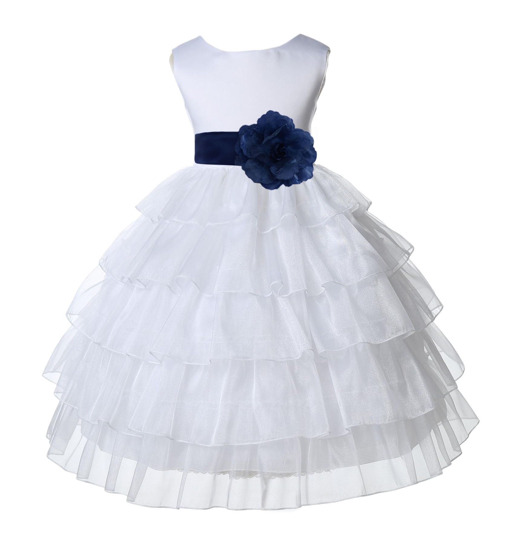 White/Navy Satin Shimmering Organza Flower Girl Dress Wedding 308S