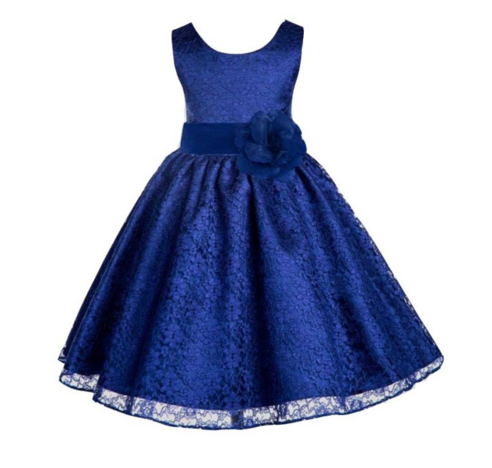 Navy Blue Floral Lace Overlay Flower Girl Dress Formal Beauty 163S