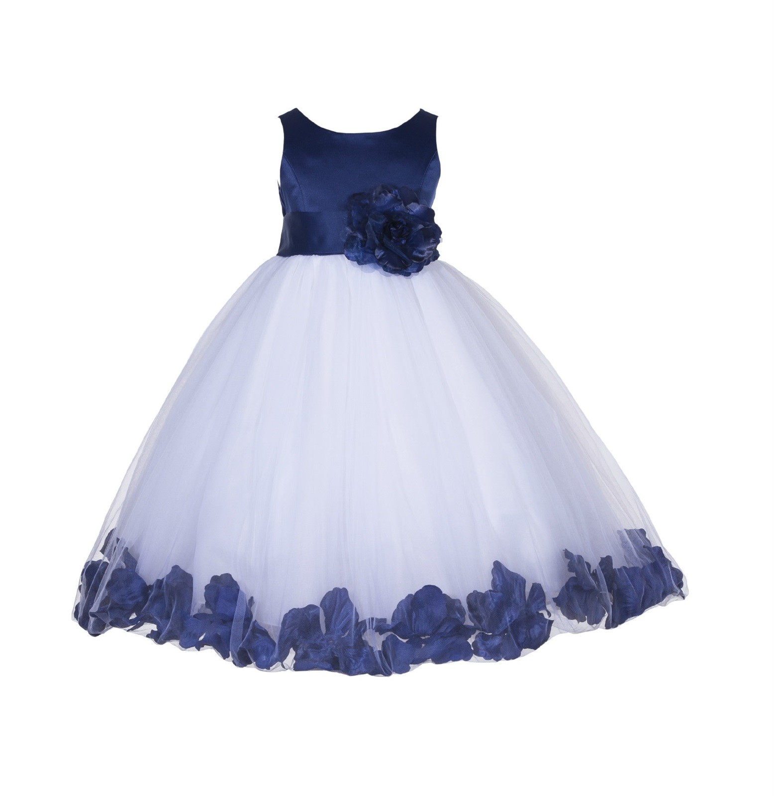 Navy Blue Floral Rose Petals Tulle Flower Girl Dress 167S