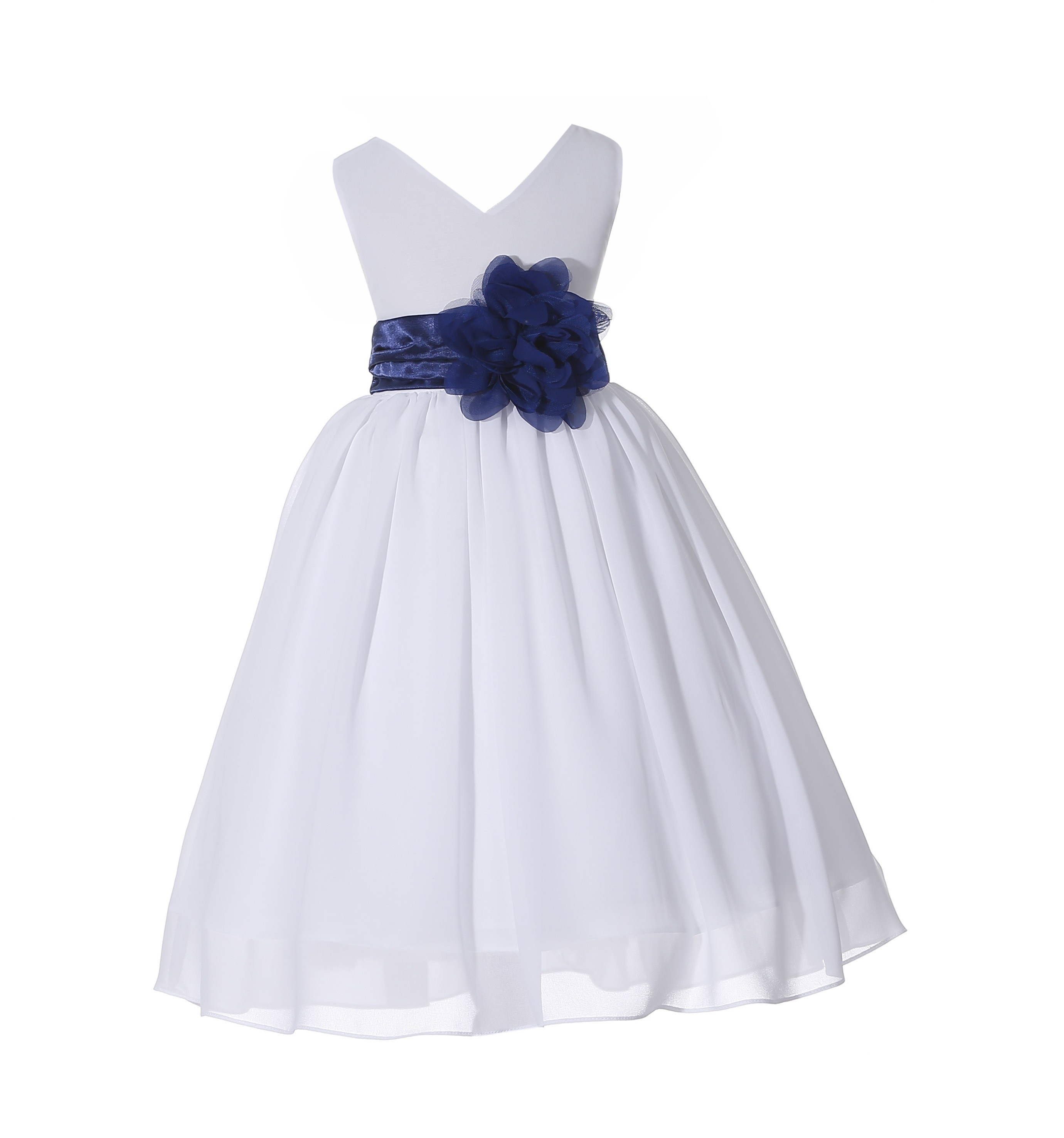 White/Navy V-Neck Yoryu Chiffon Flower Girl Dress Wedding 503NF