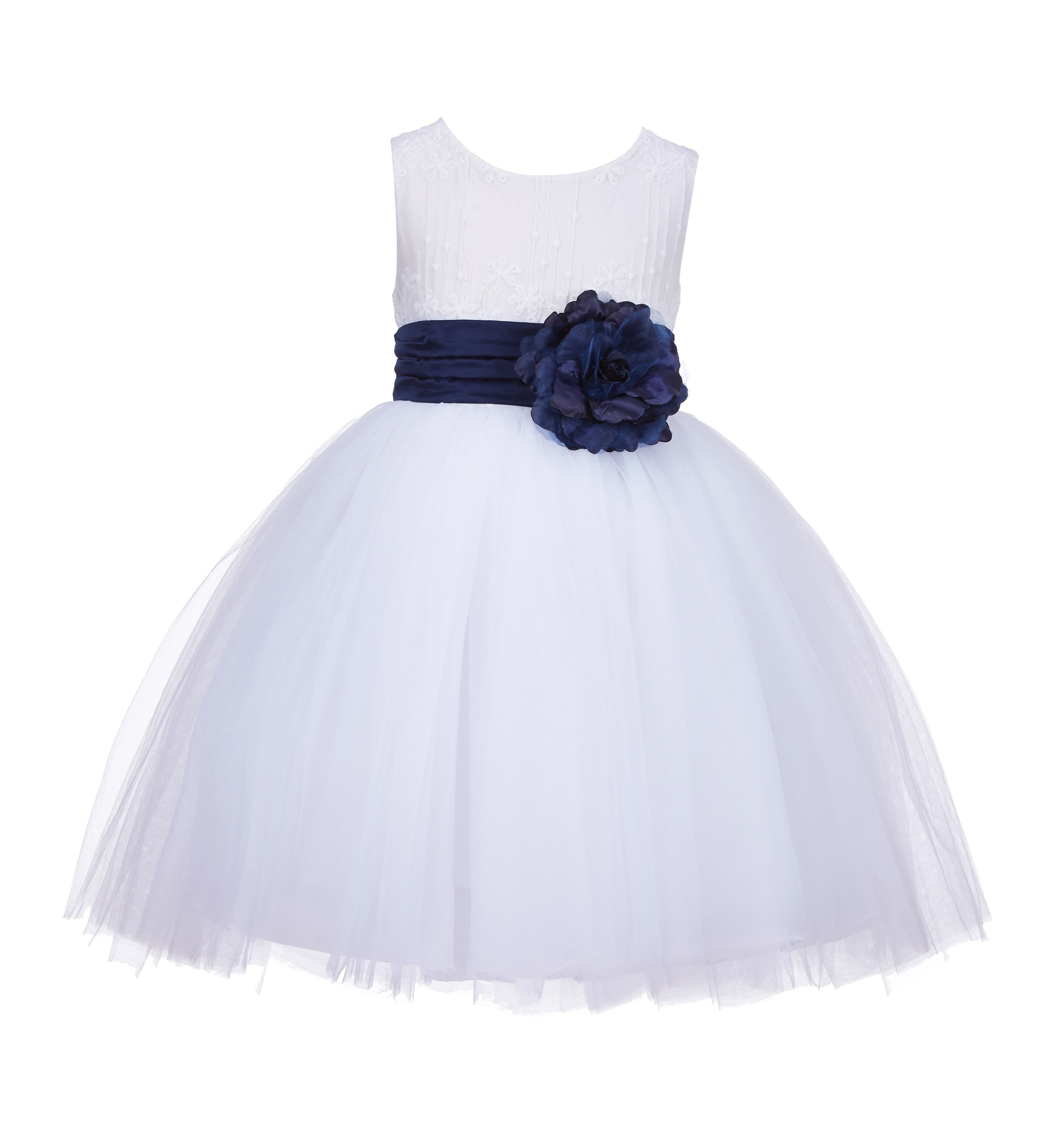 White/Navy Lace Embroidery Tulle Flower Girl Dress Wedding 118