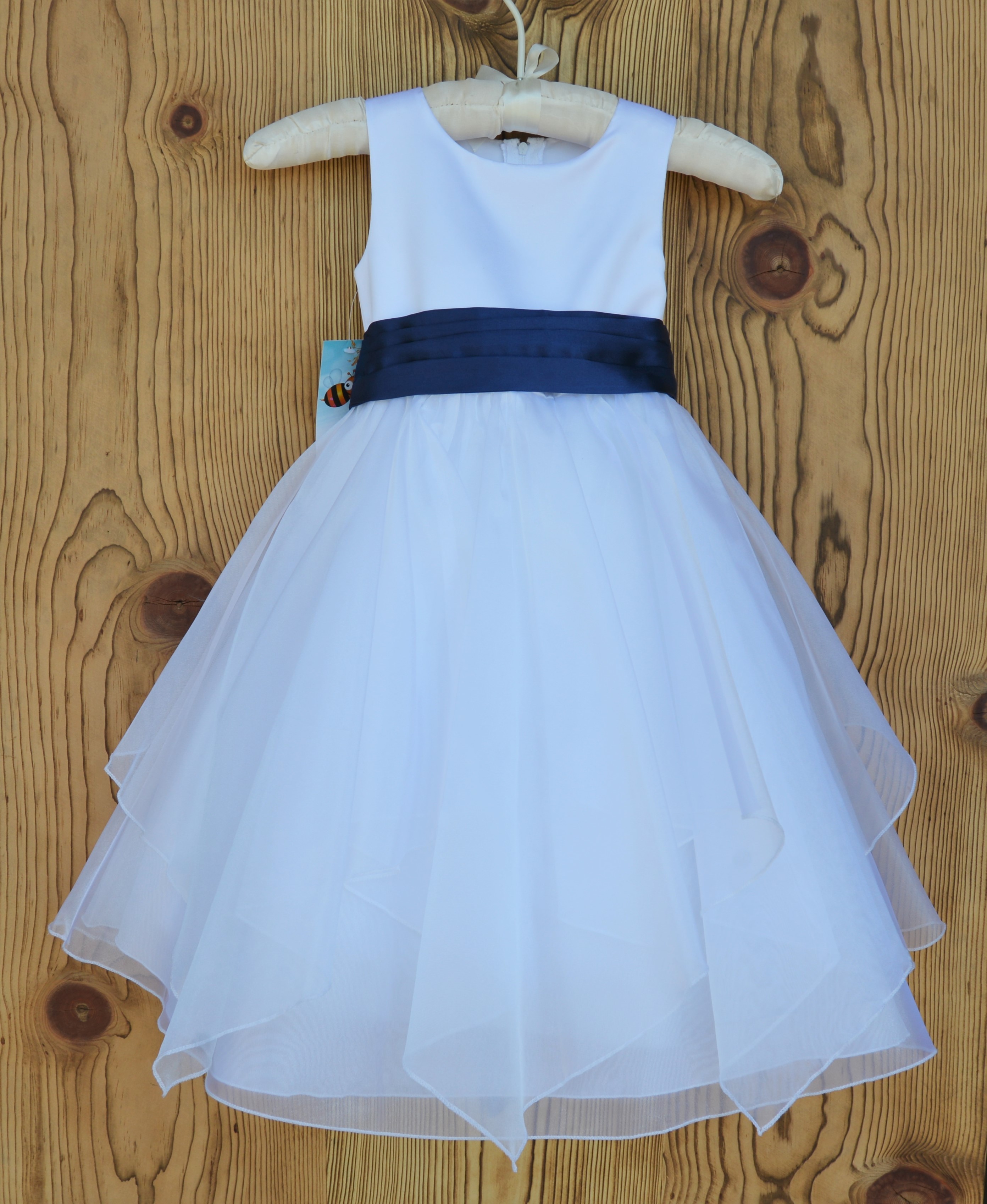 White/Navy Satin Bodice Shimmering Organza Flower Girl Dress J012