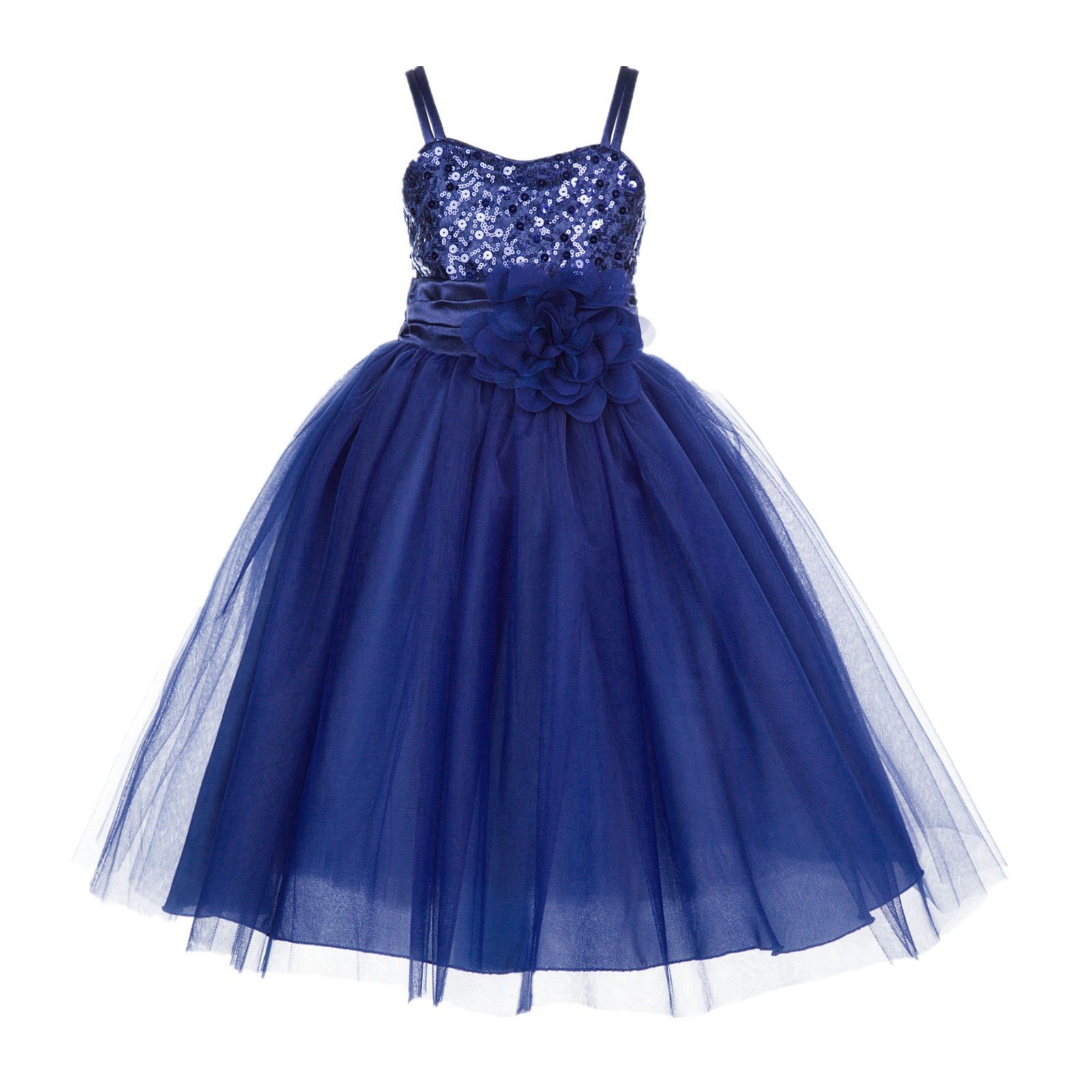 Navy Blue Spaghetti-Straps Sequin Tulle Flower Girl Dress Stunning B-1508NF