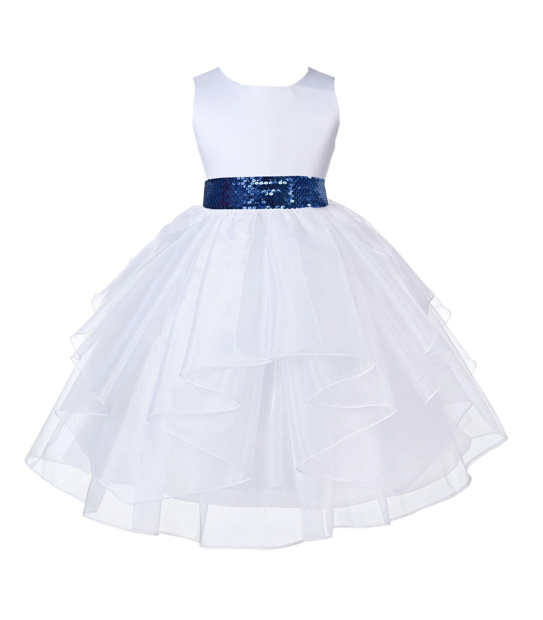 White Shimmering Organza Navy Sequin Sash Flower Girl Dress 4613mh