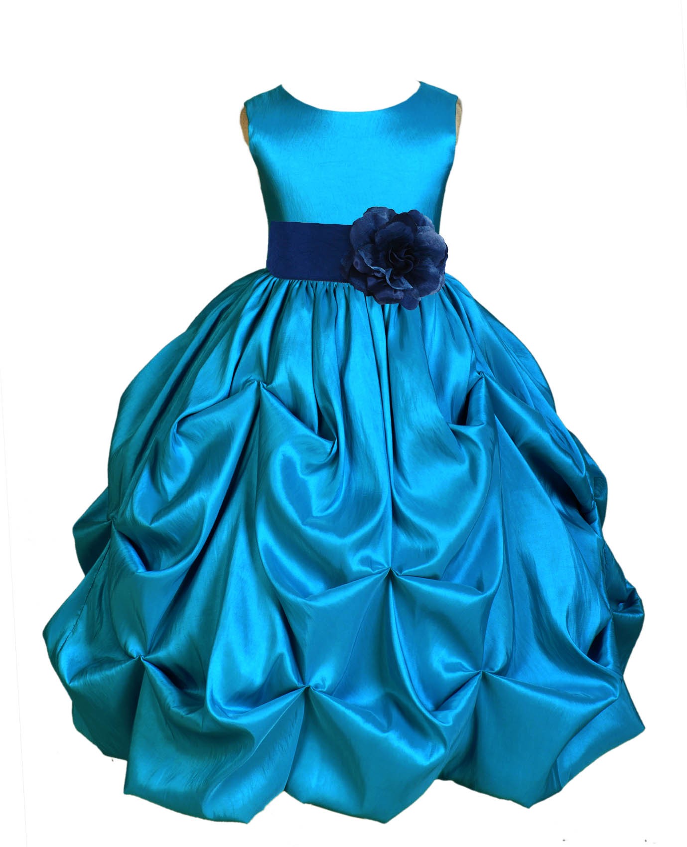 Turquoise/Navy Satin Taffeta Pick-Up Bubble Flower Girl Dress 301S