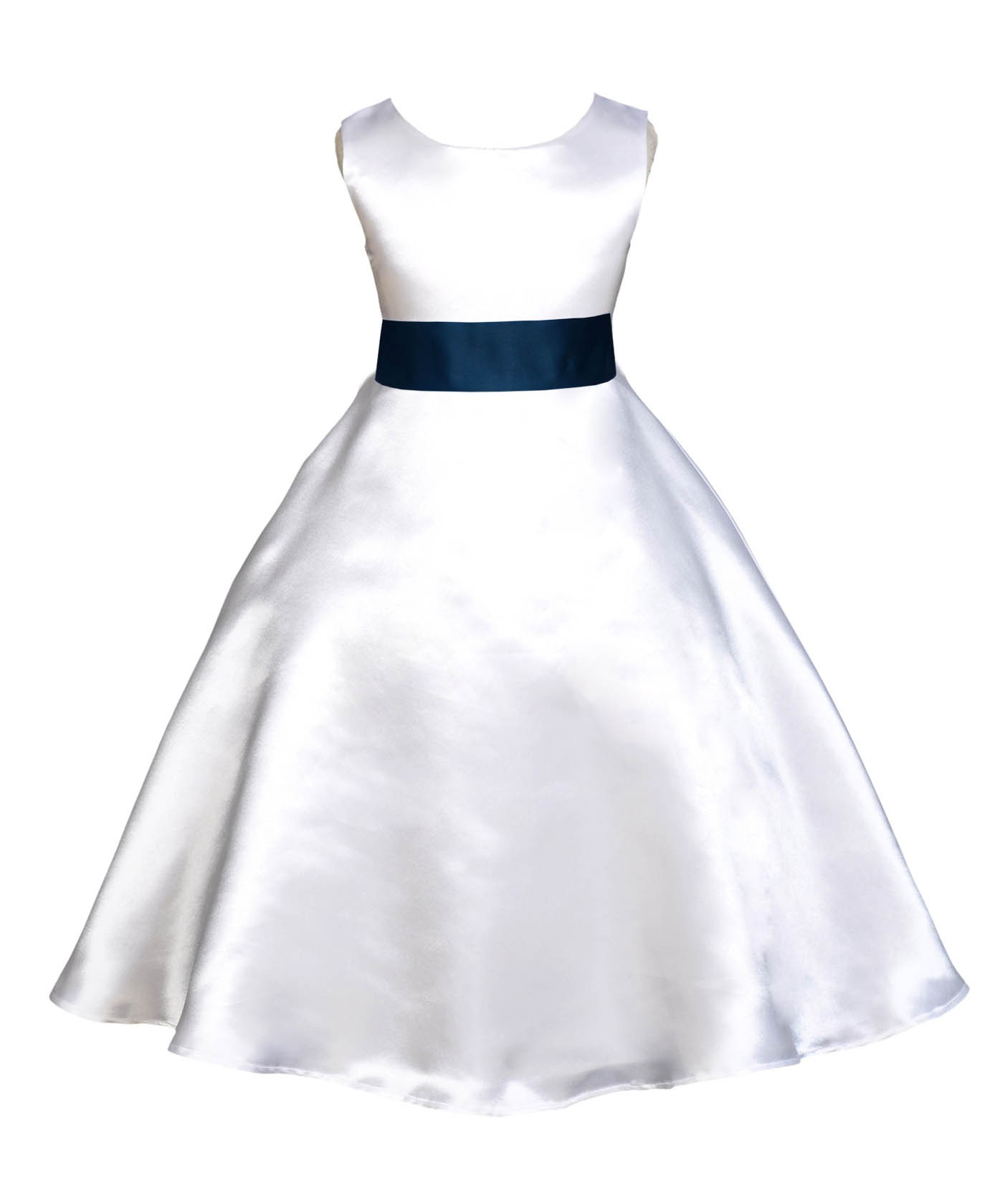 White/Navy A-Line Satin Flower Girl Dress Wedding Bridal 821S