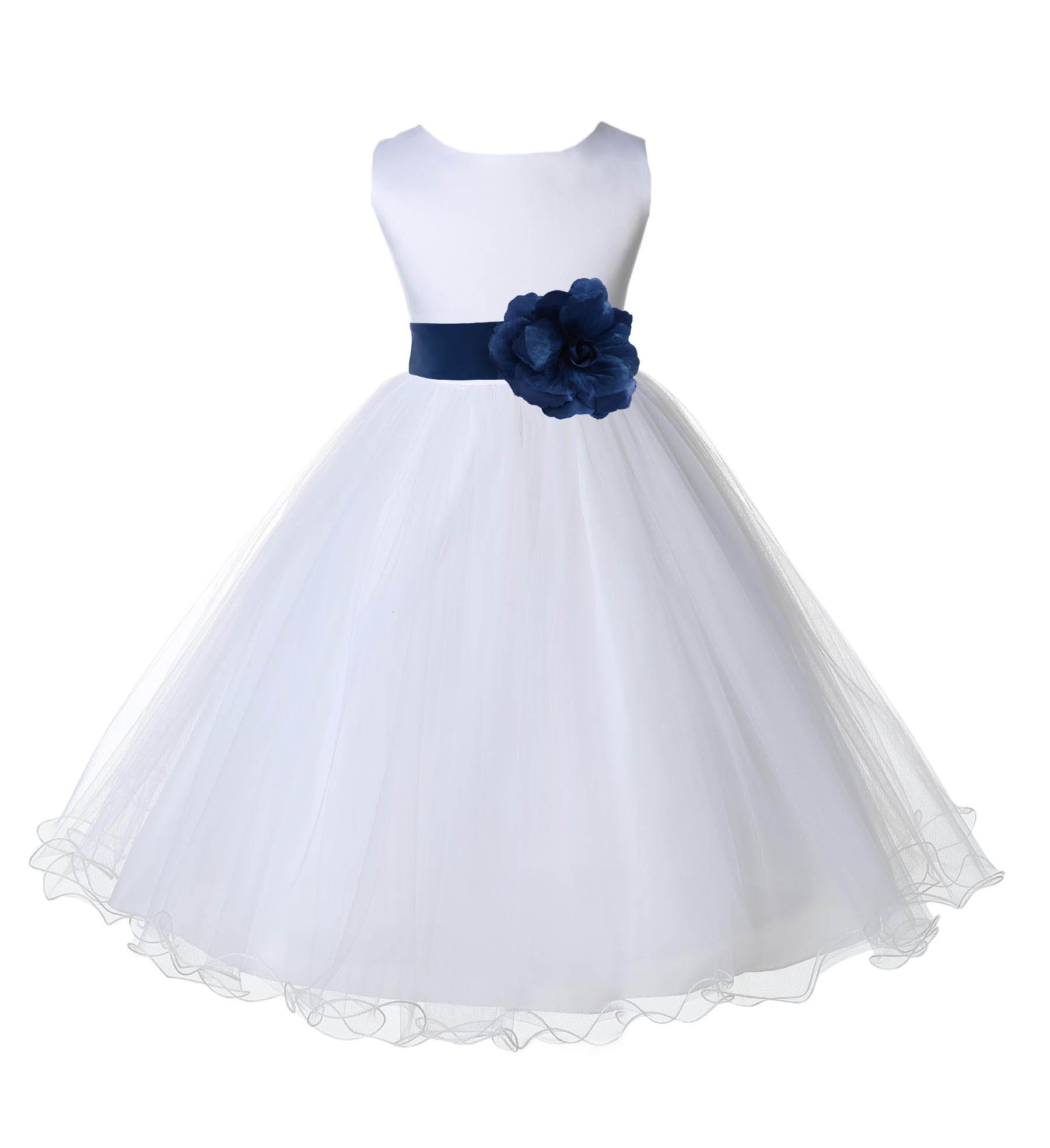 White/Navy Tulle Rattail Edge Flower Girl Dress Wedding Bridal 829S
