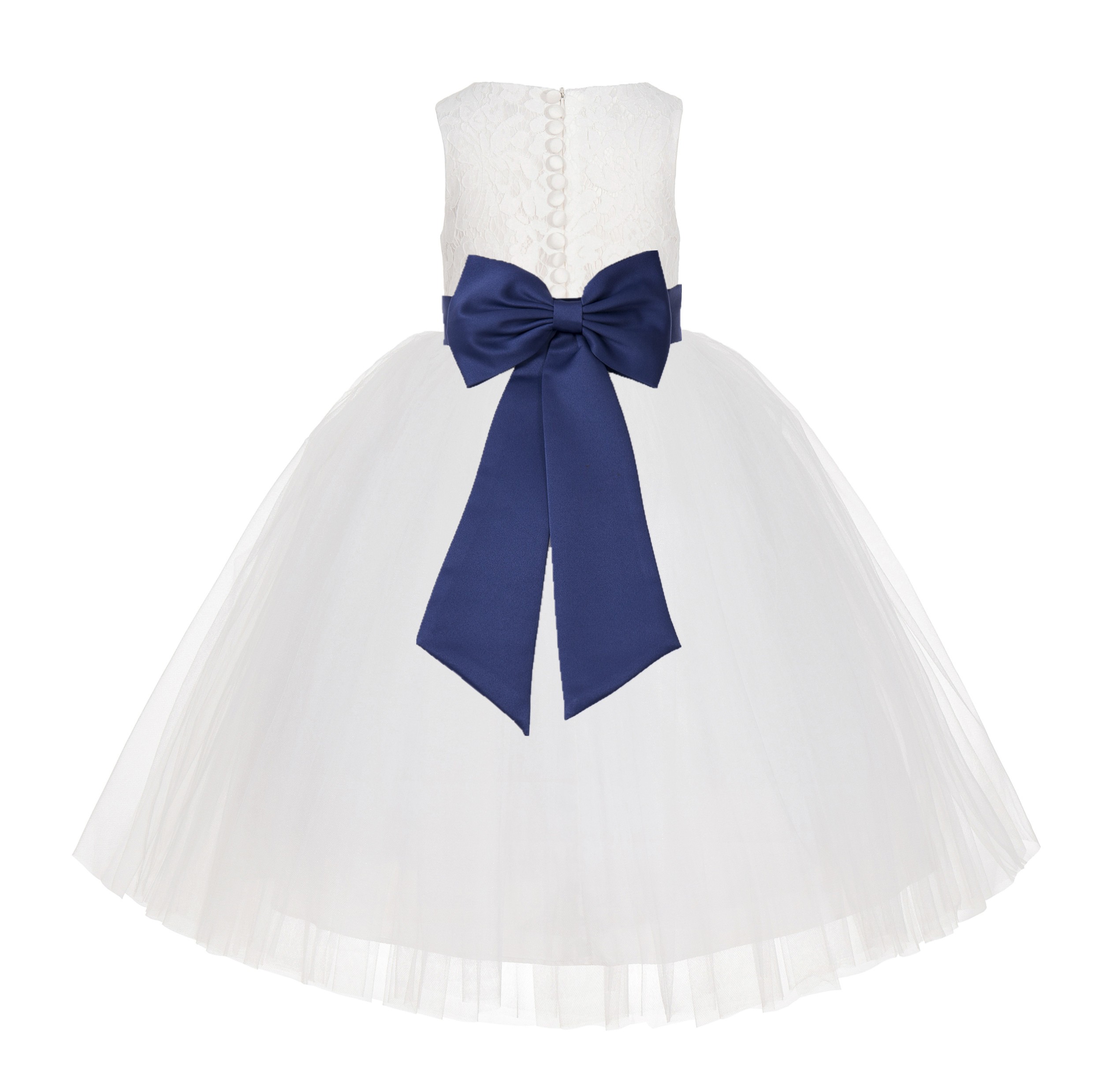 Ivory / Navy Blue Flower Floral Lace Flower Girl Dress White Ball Gown Lg7