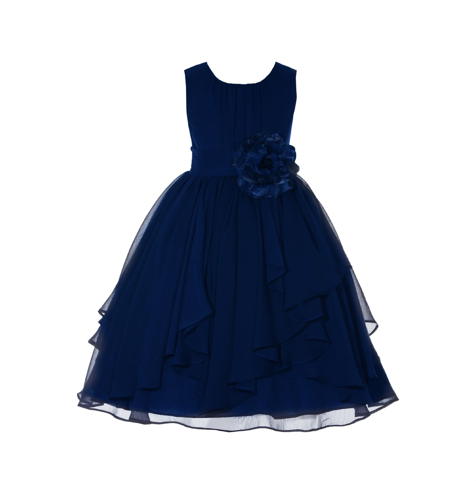 Navy Blue Yoryu Chiffon Ruched Bodice Flower Pin Flower Girl Dress 162F