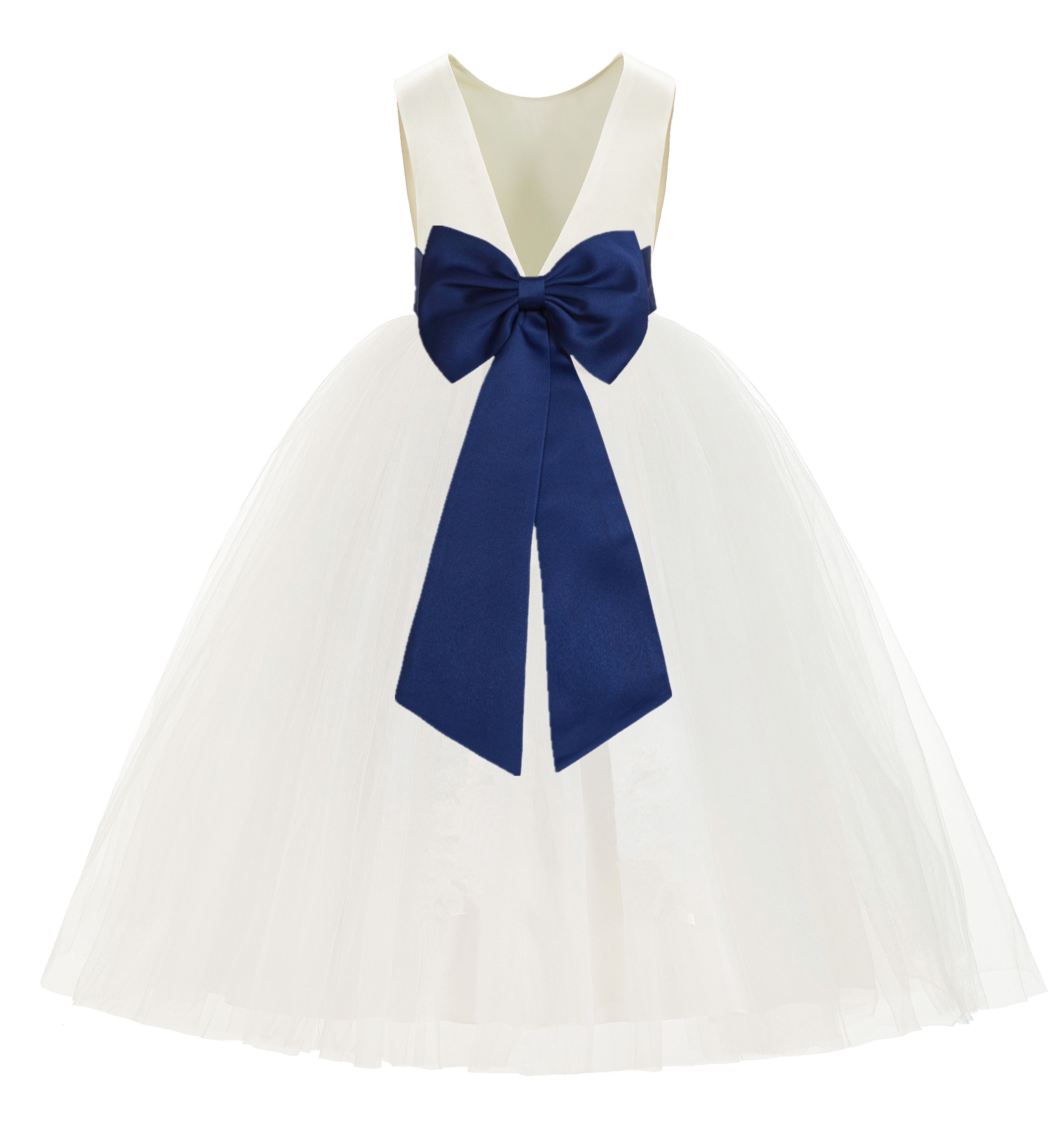 Ivory / Navy Blue Flower V-Back Satin Flower Girl Dress 219T