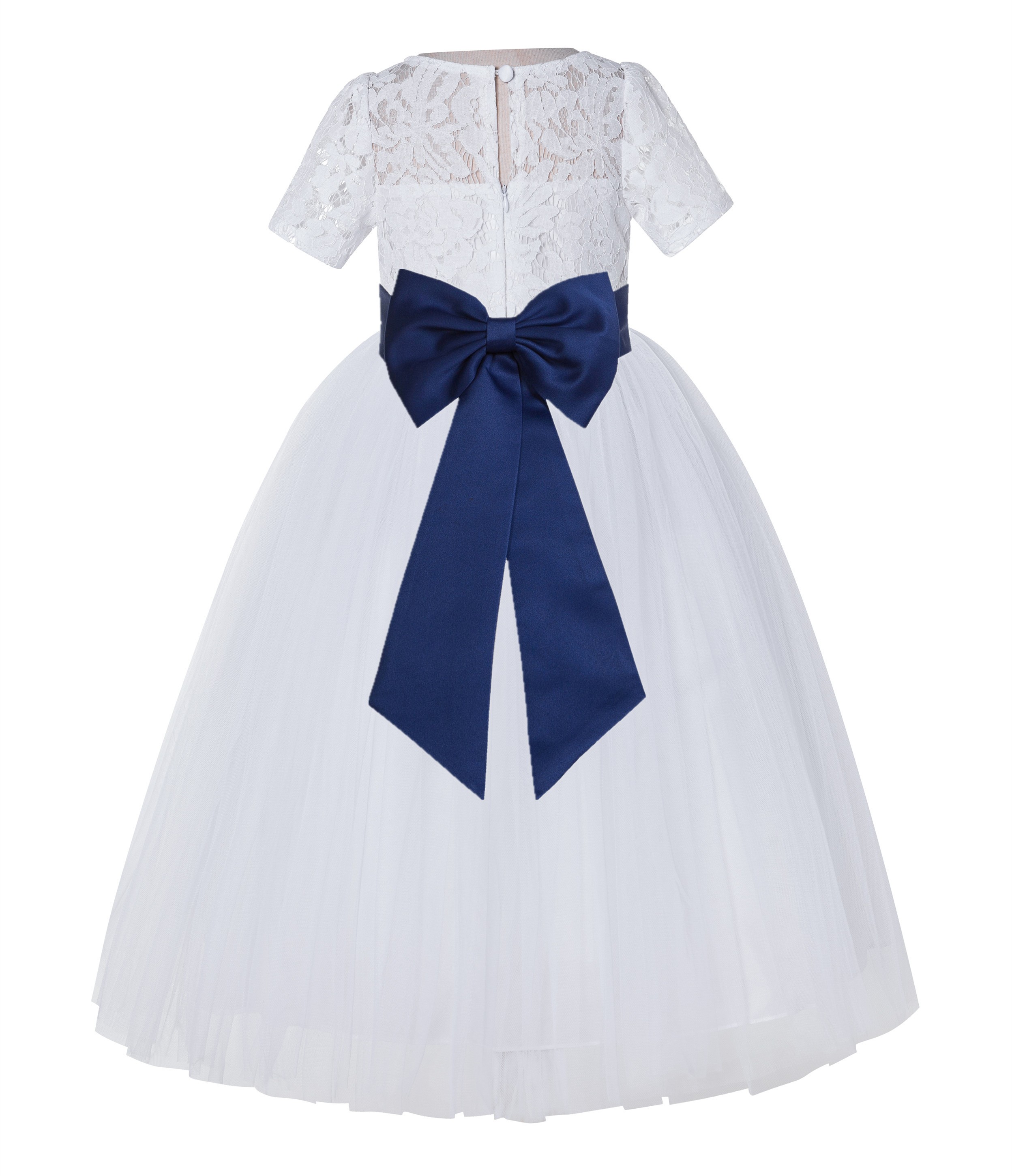 White / Navy Blue Floral Lace Flower Girl Dress Vintage Dress LG2