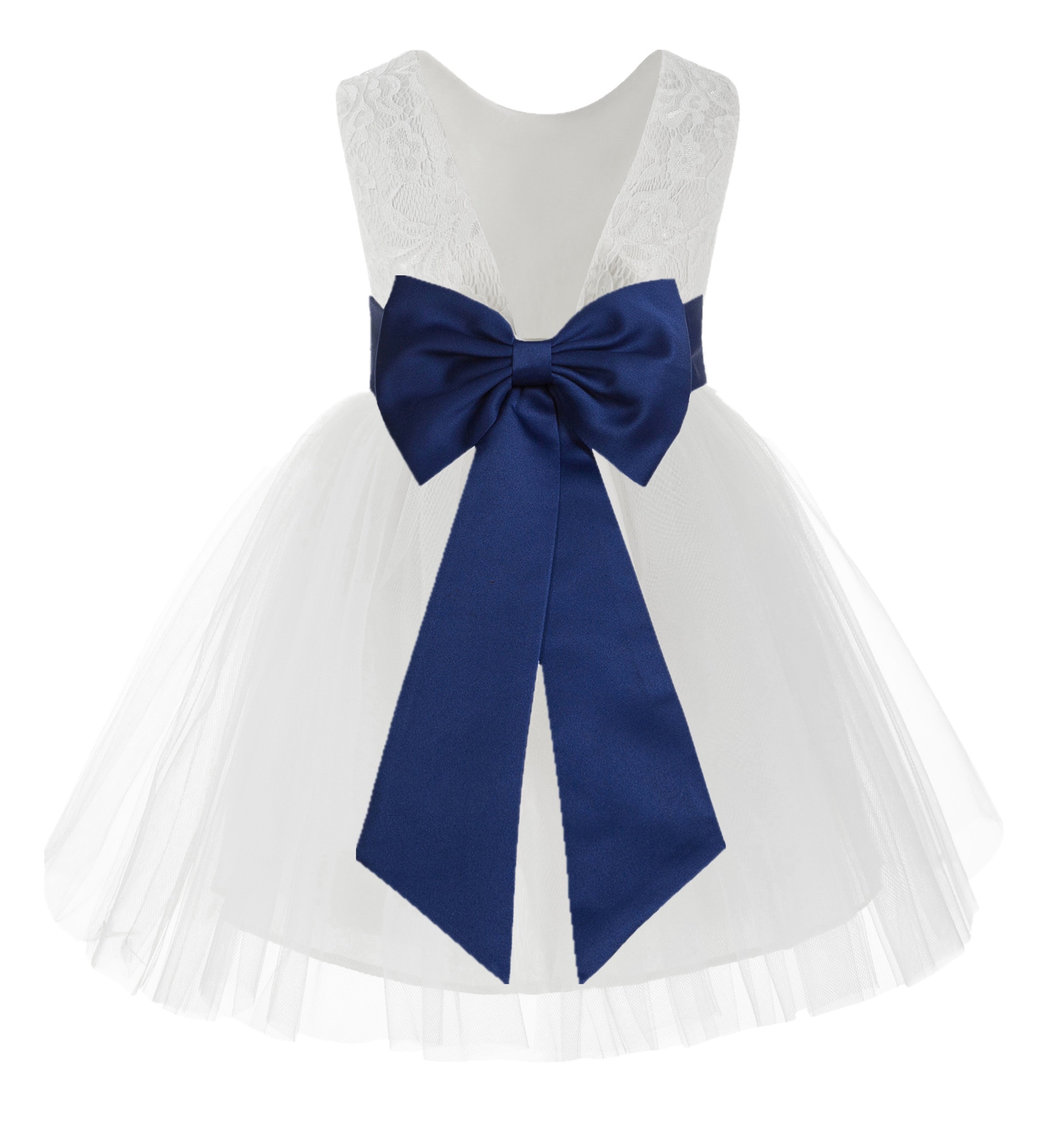 White / Navy Blue Flower Backless Lace Flower Girl Dress V-Back 206T