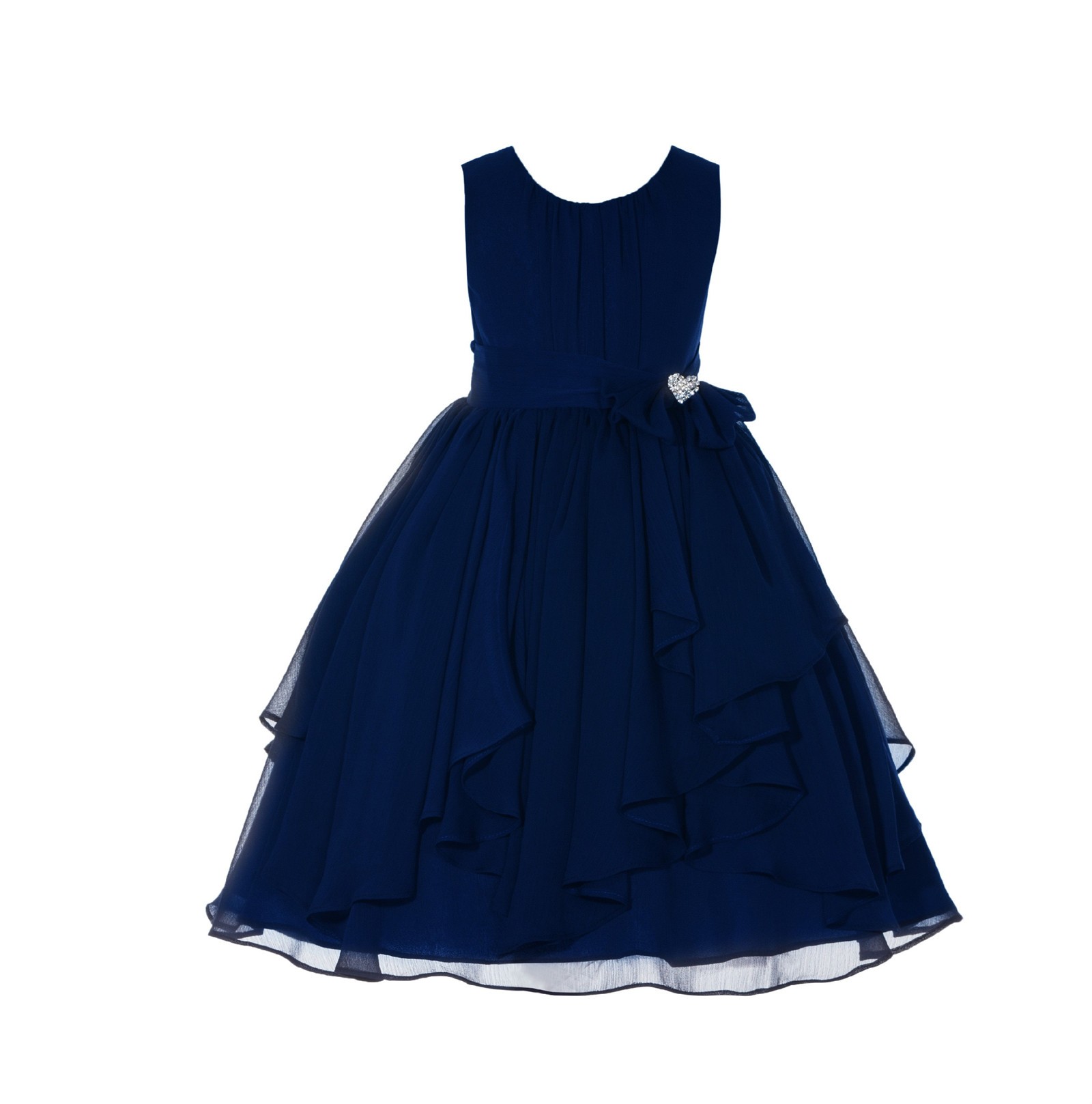 Navy Blue Yoryu Chiffon Ruched Bodice Rhinestone Flower Girl Dress 162S
