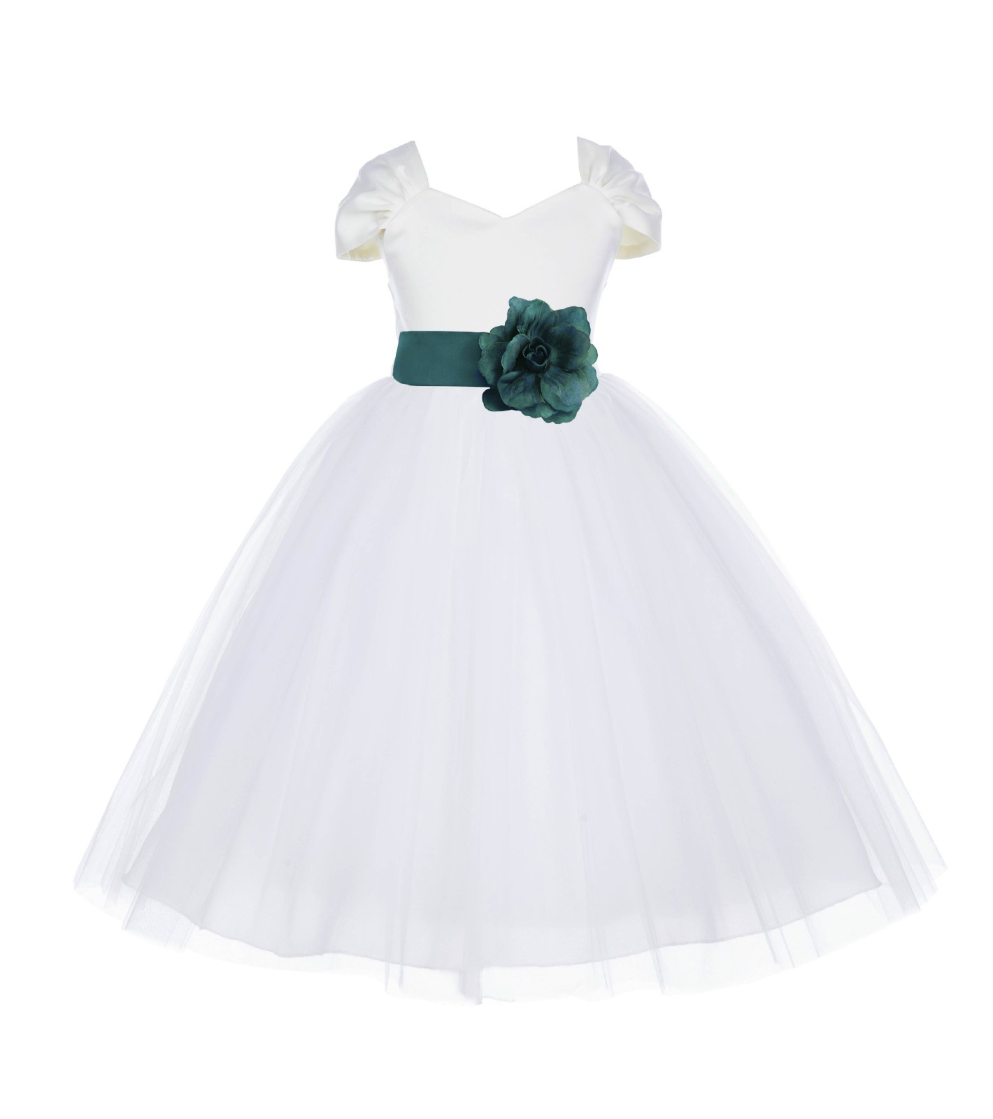 Ivory/Oasis V-shaped Neckline Short Sleeves Tulle Flower Girl Dress 154S