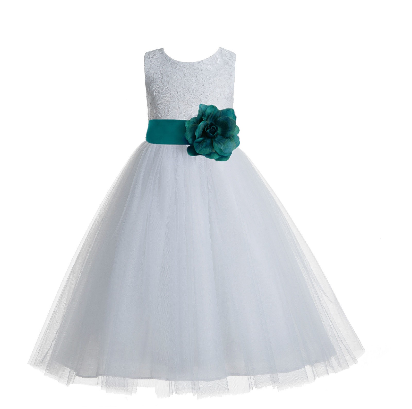 White / Oasis Floral Lace Heart Cutout Flower Girl Dress with Flower 172T