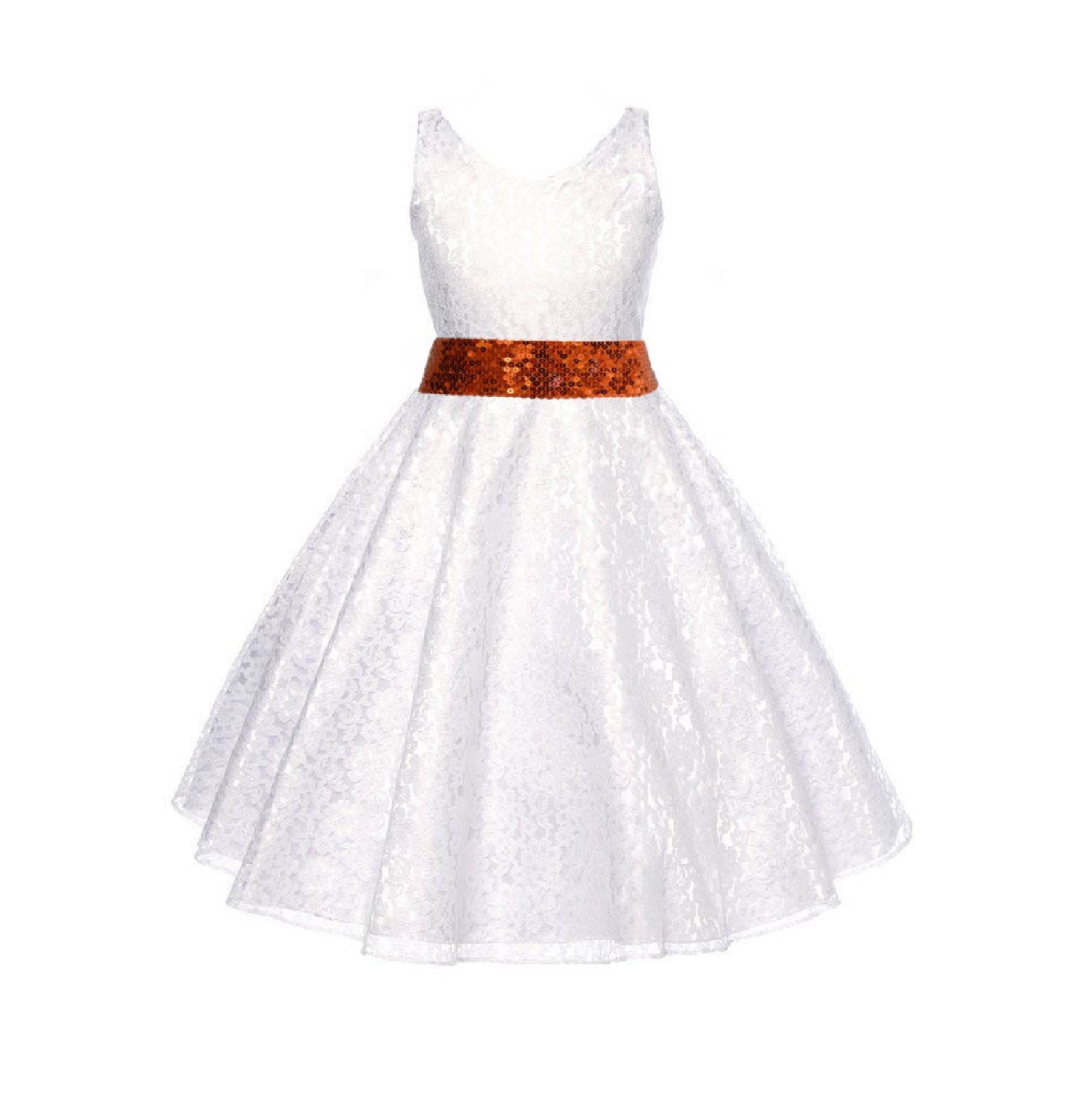 White Floral Lace Overlay V-Neck Orange Sequin Flower Girl Dress 166mh
