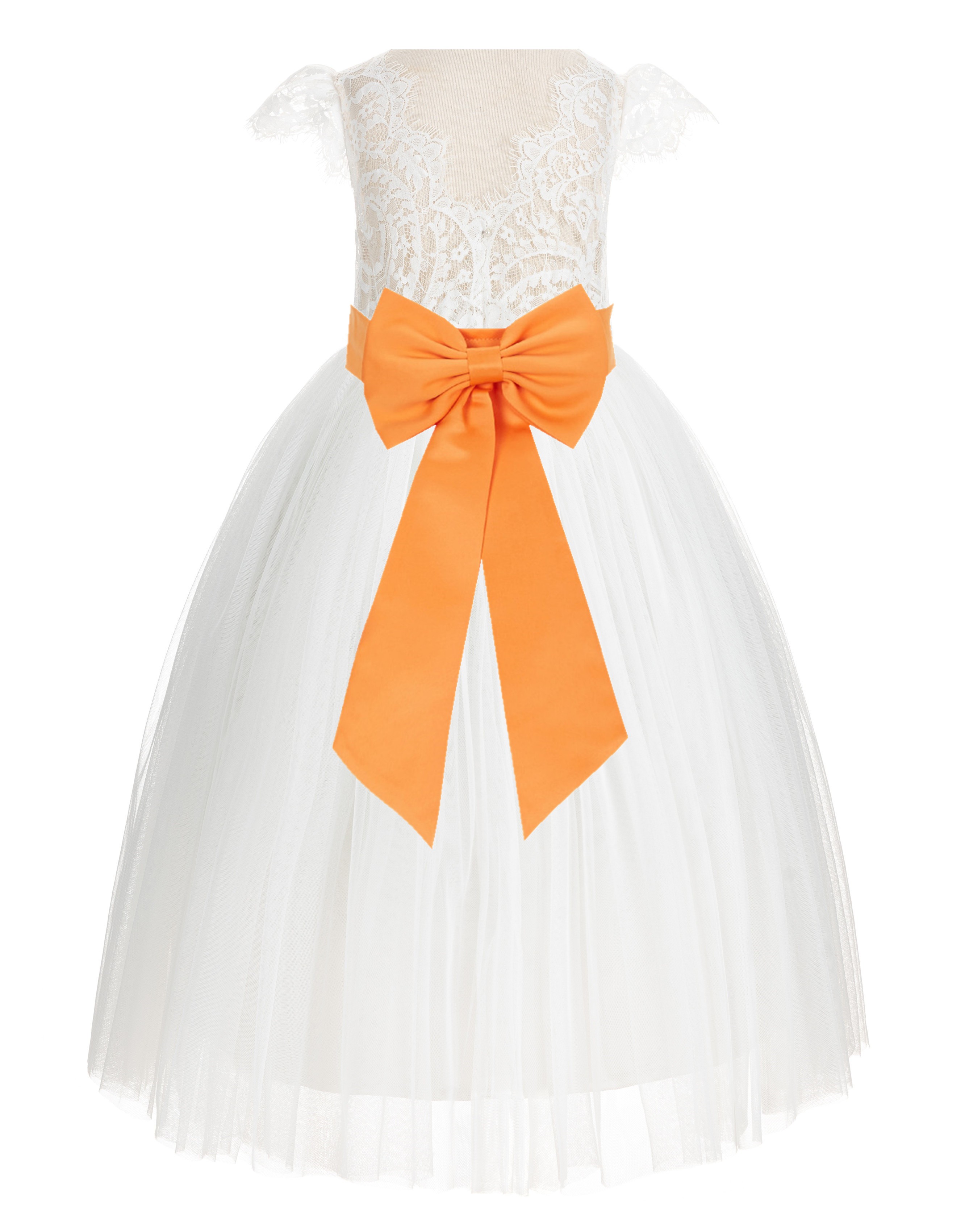 Ivory / Orange Cap Sleeves Lace Flower Girl Dress V-Back Lace Dress 622T