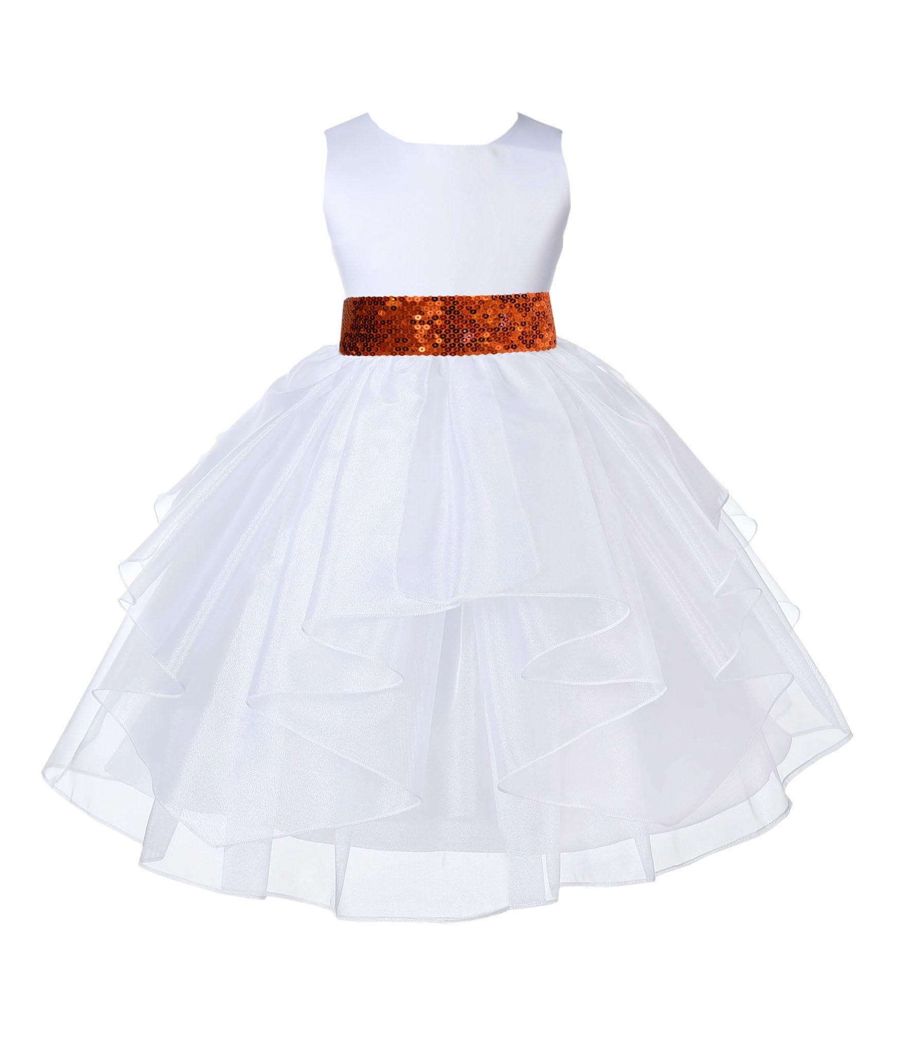 White Shimmering Organza Orange Sequin Sash Flower Girl Dress 4613mh