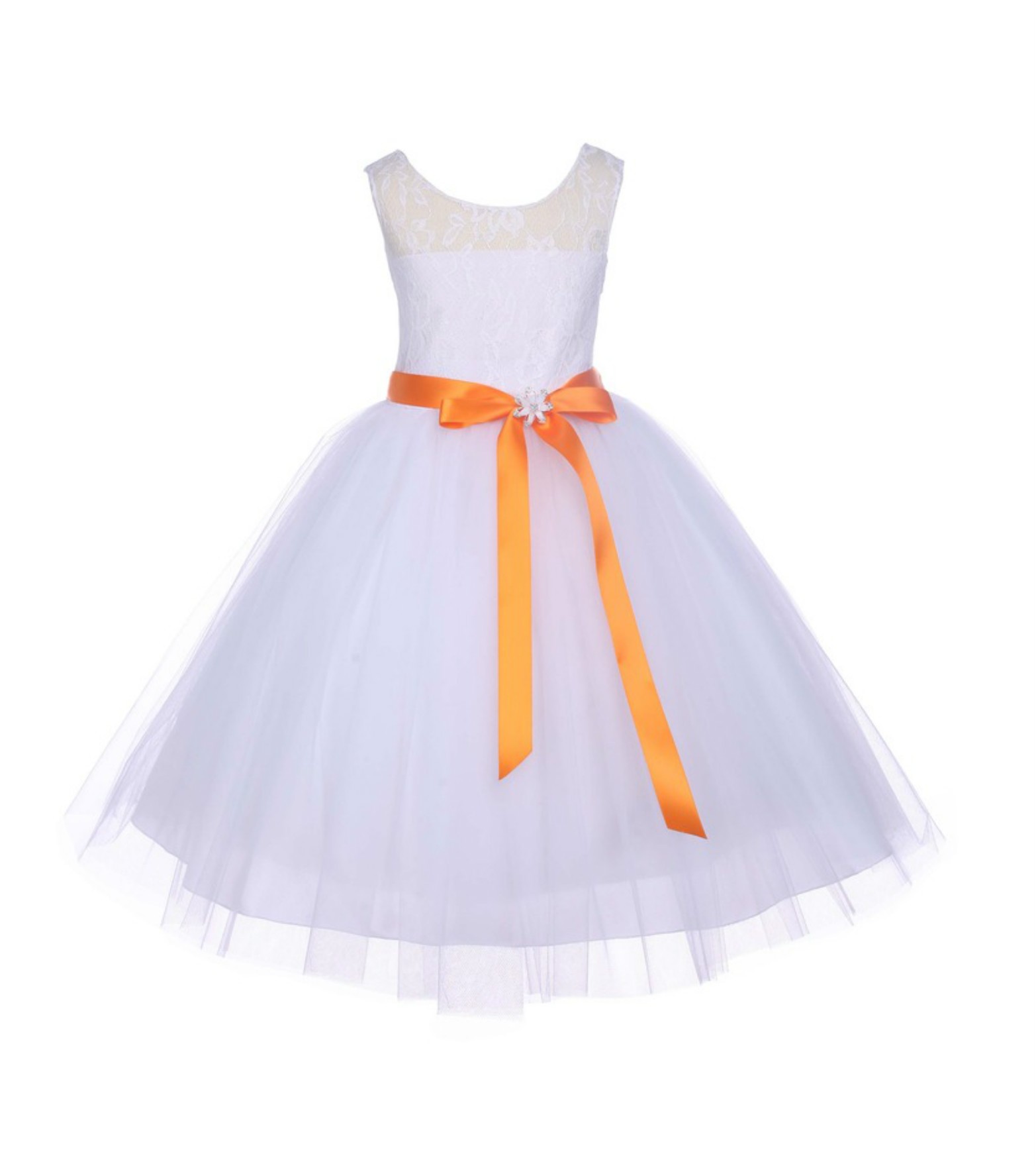White Floral Lace Bodice Tulle Orange Ribbon Flower Girl Dress 153R