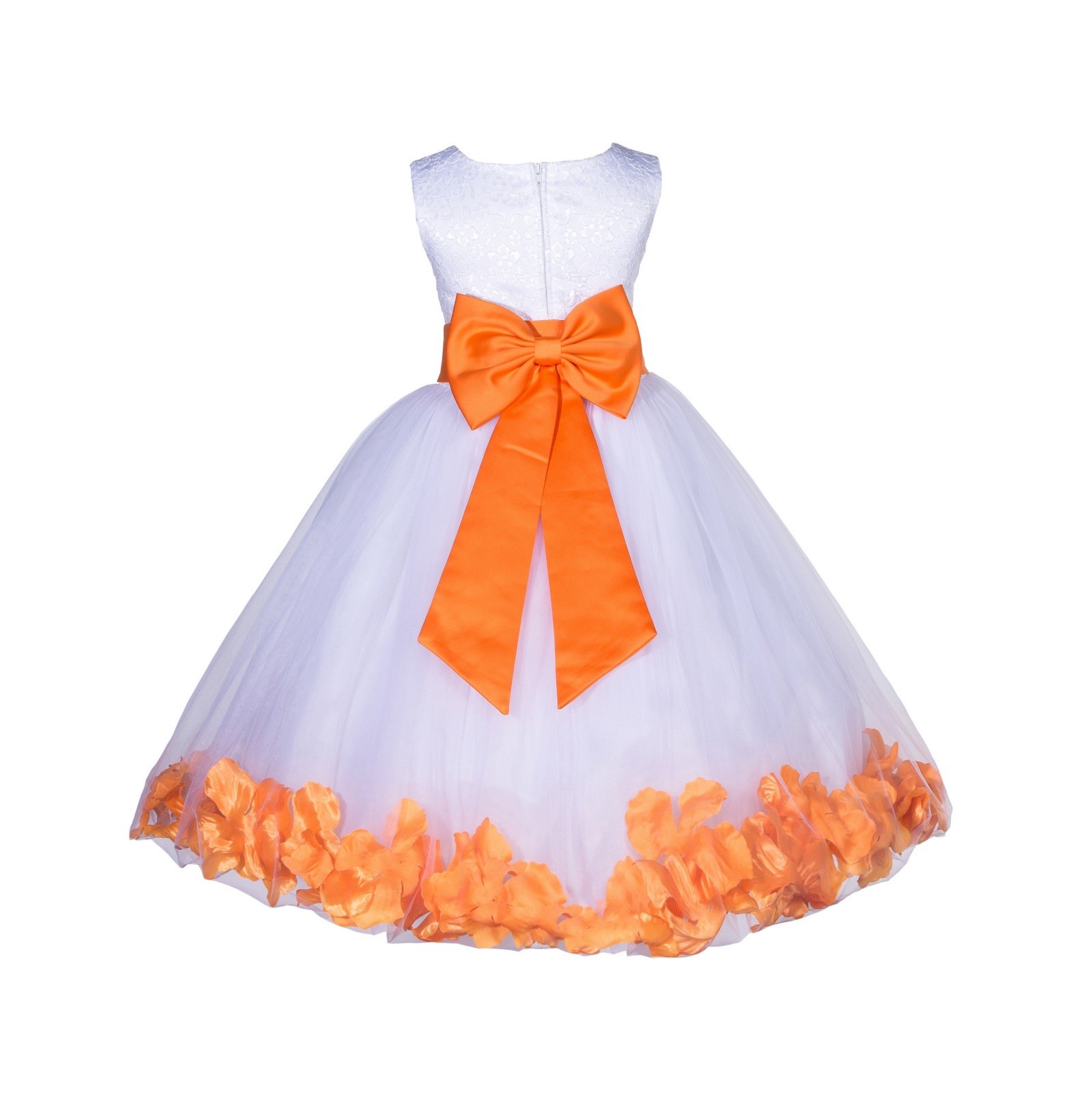 White/Orange Lace Top Tulle Floral Petals Flower Girl Dress 165T
