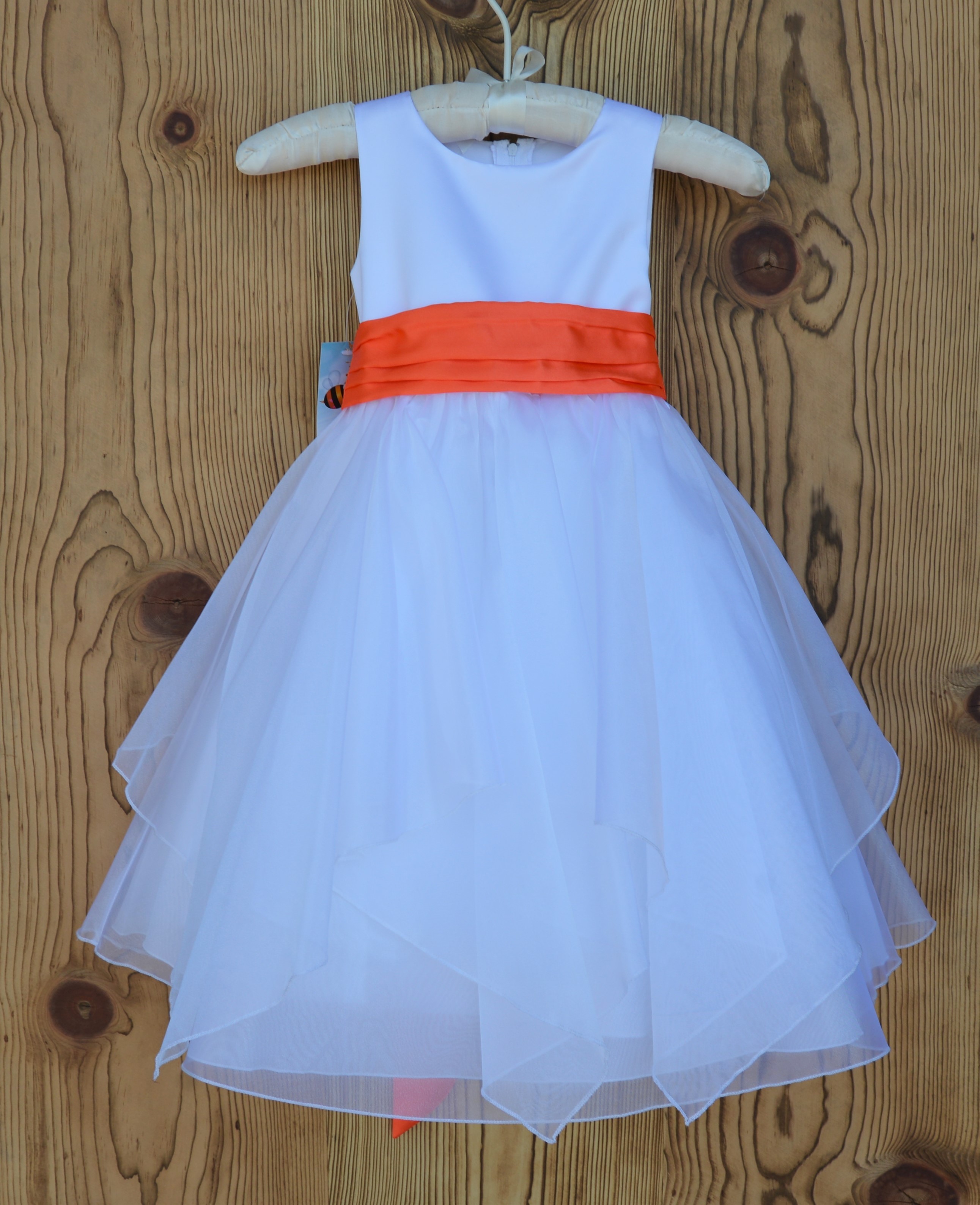 White/Orange Satin Bodice Shimmering Organza Flower Girl Dress J012