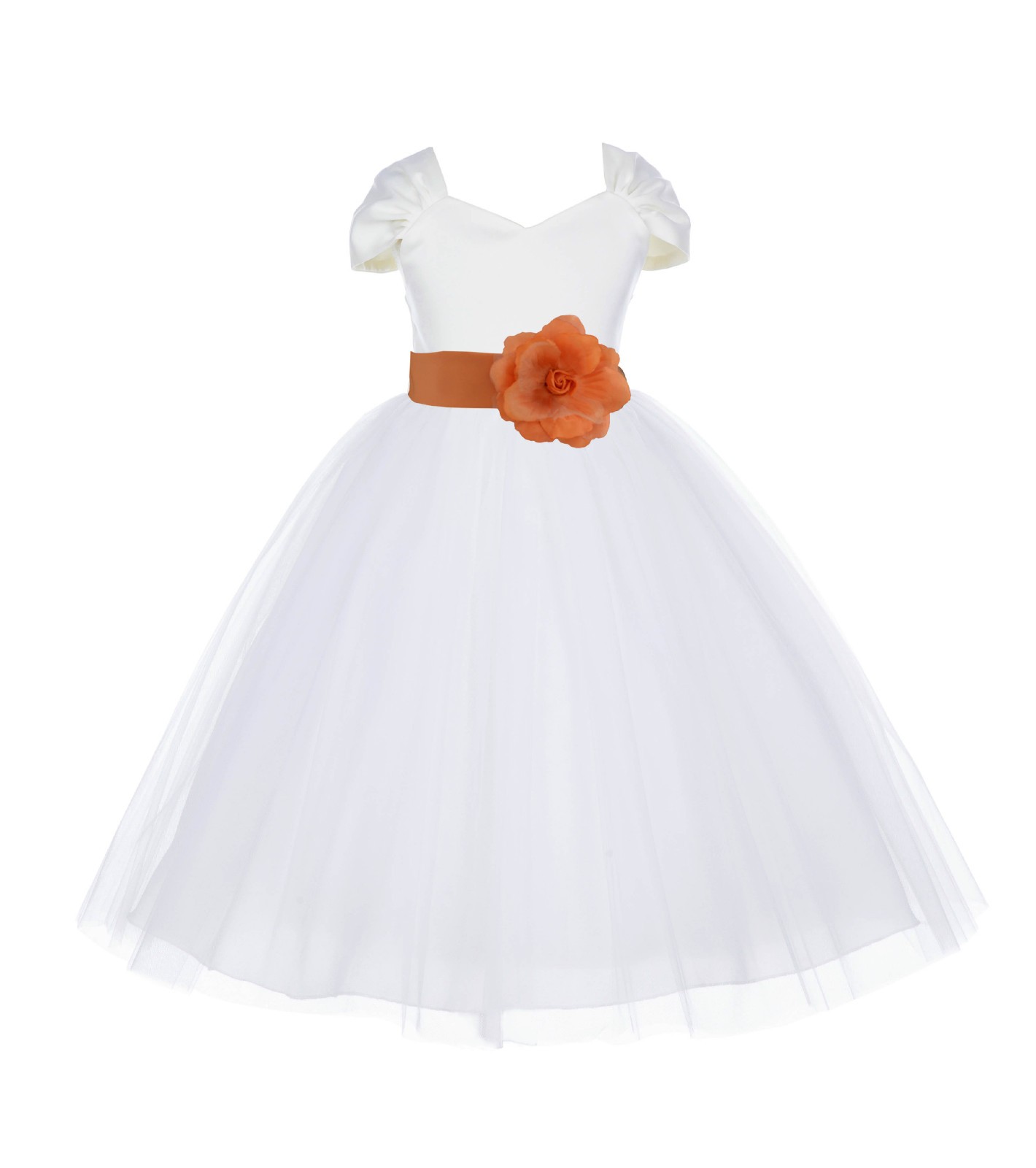 Ivory/Orange V-shaped Neckline Short Sleeves Tulle Flower Girl Dress 154S