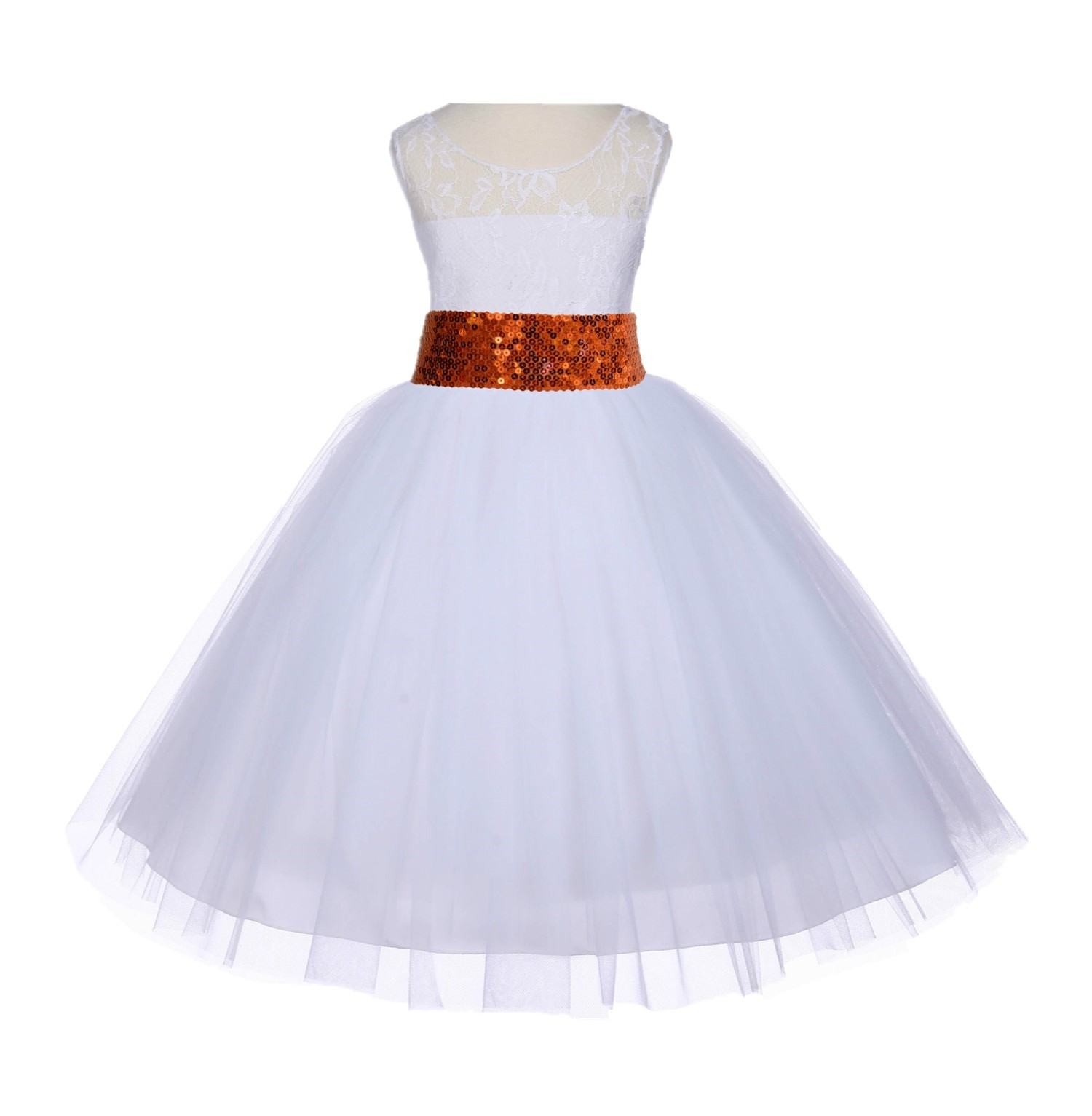 White Floral Lace Bodice Tulle Orange Sequin Flower Girl Dress 153mh