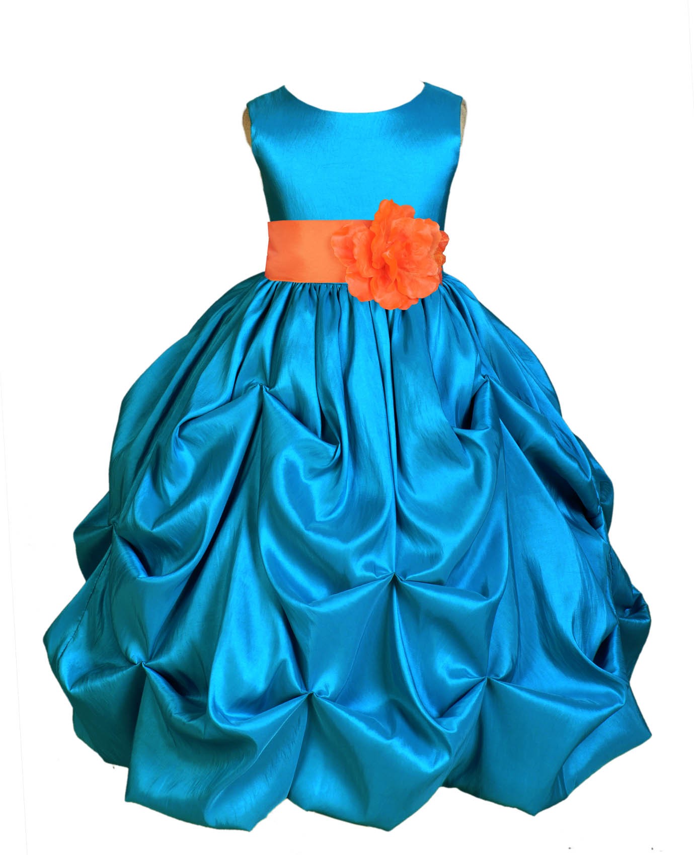 Turquoise/Orange Satin Taffeta Pick-Up Bubble Flower Girl Dress 301S