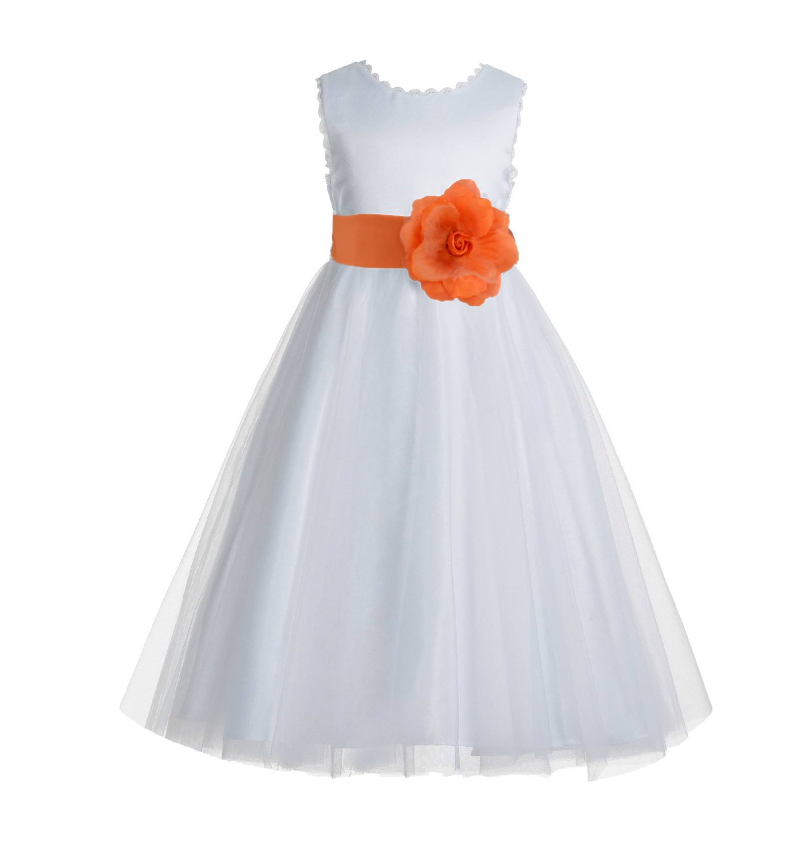 White / Orange V-Back Lace Edge Flower Girl Dress 183T