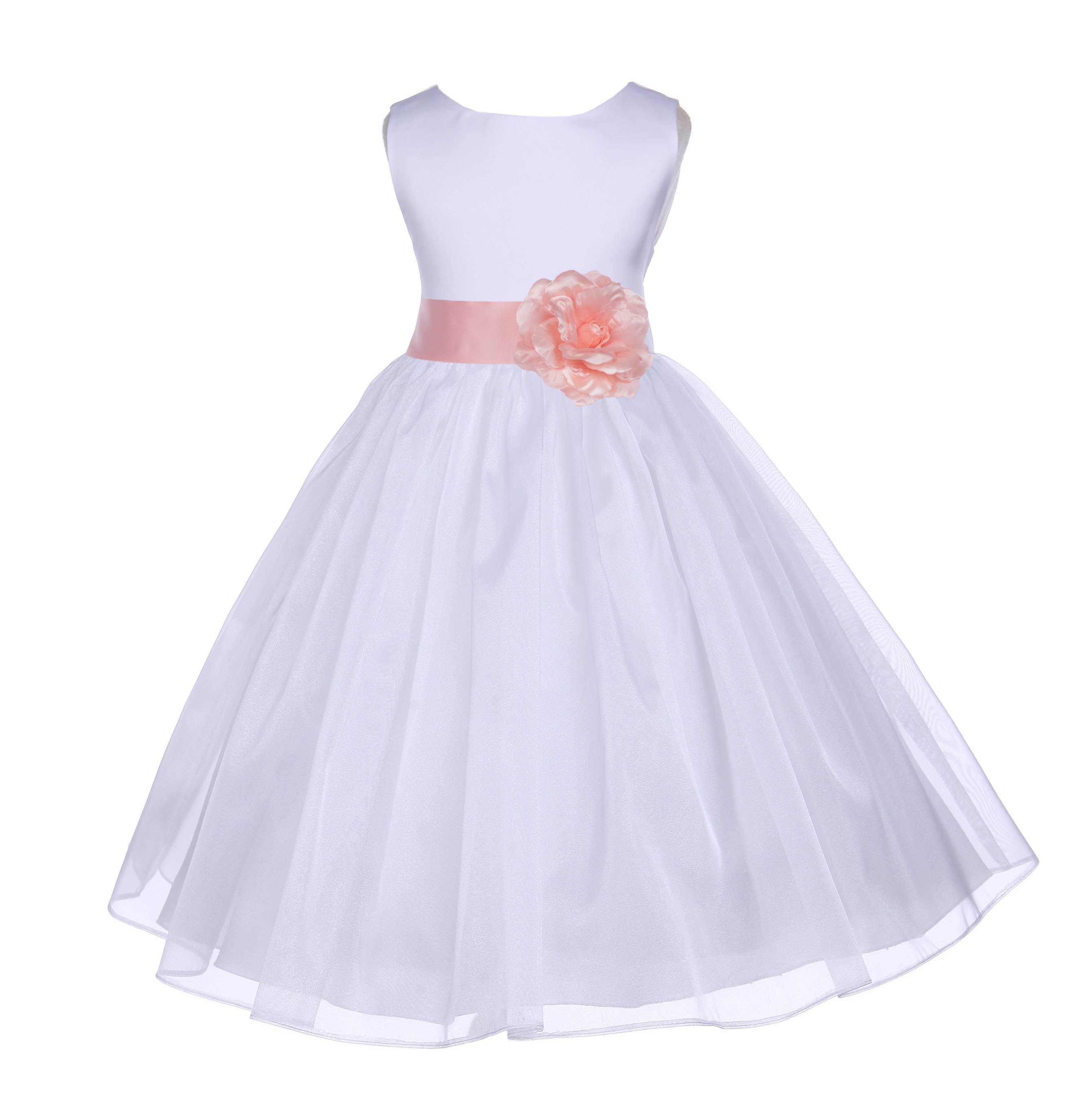 White/Peach Satin Bodice Organza Skirt Flower Girl Dress 841T