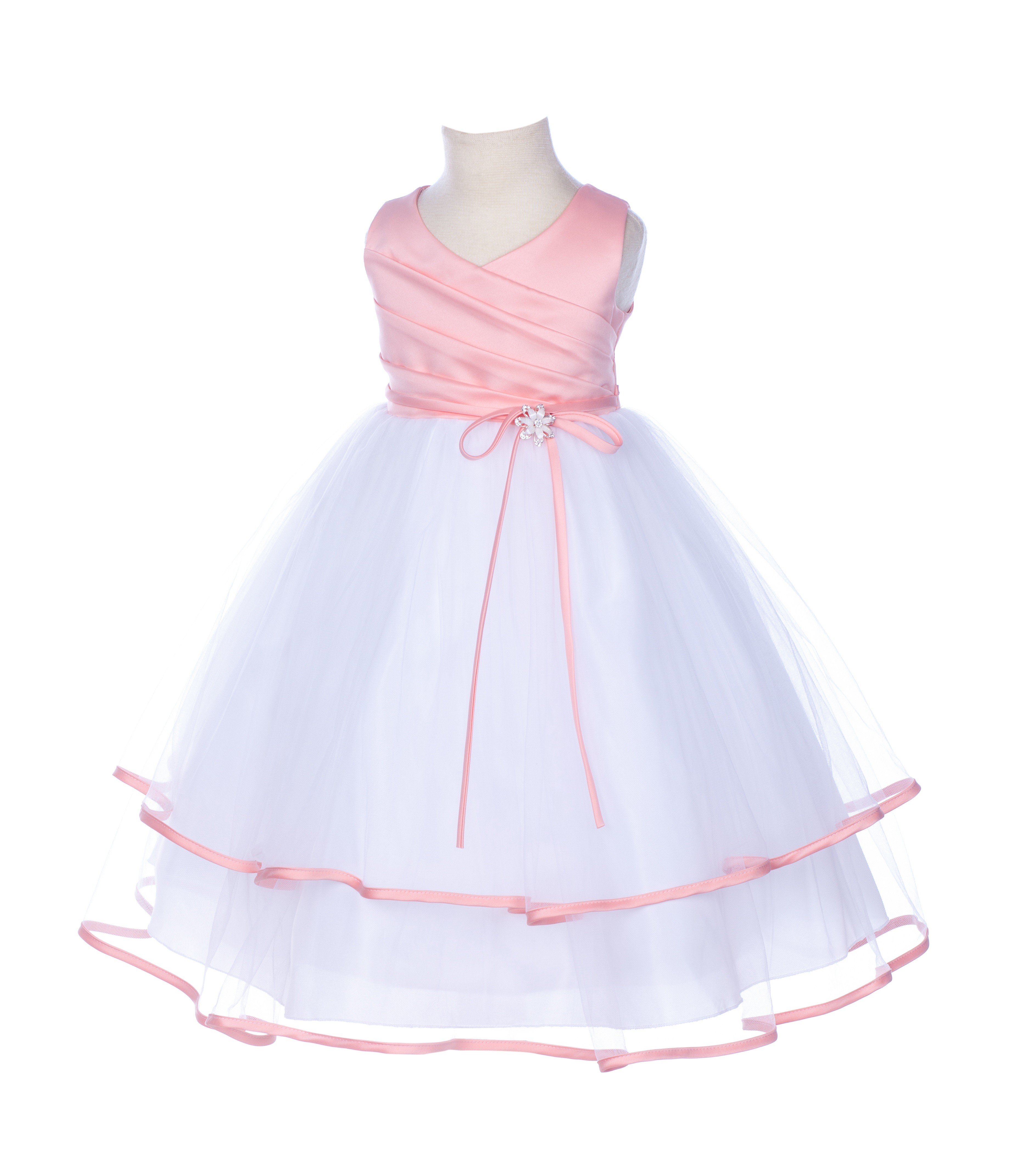Peach Rhinestones Ruffle V-Neck Tulle Flower Girl Dress J115R