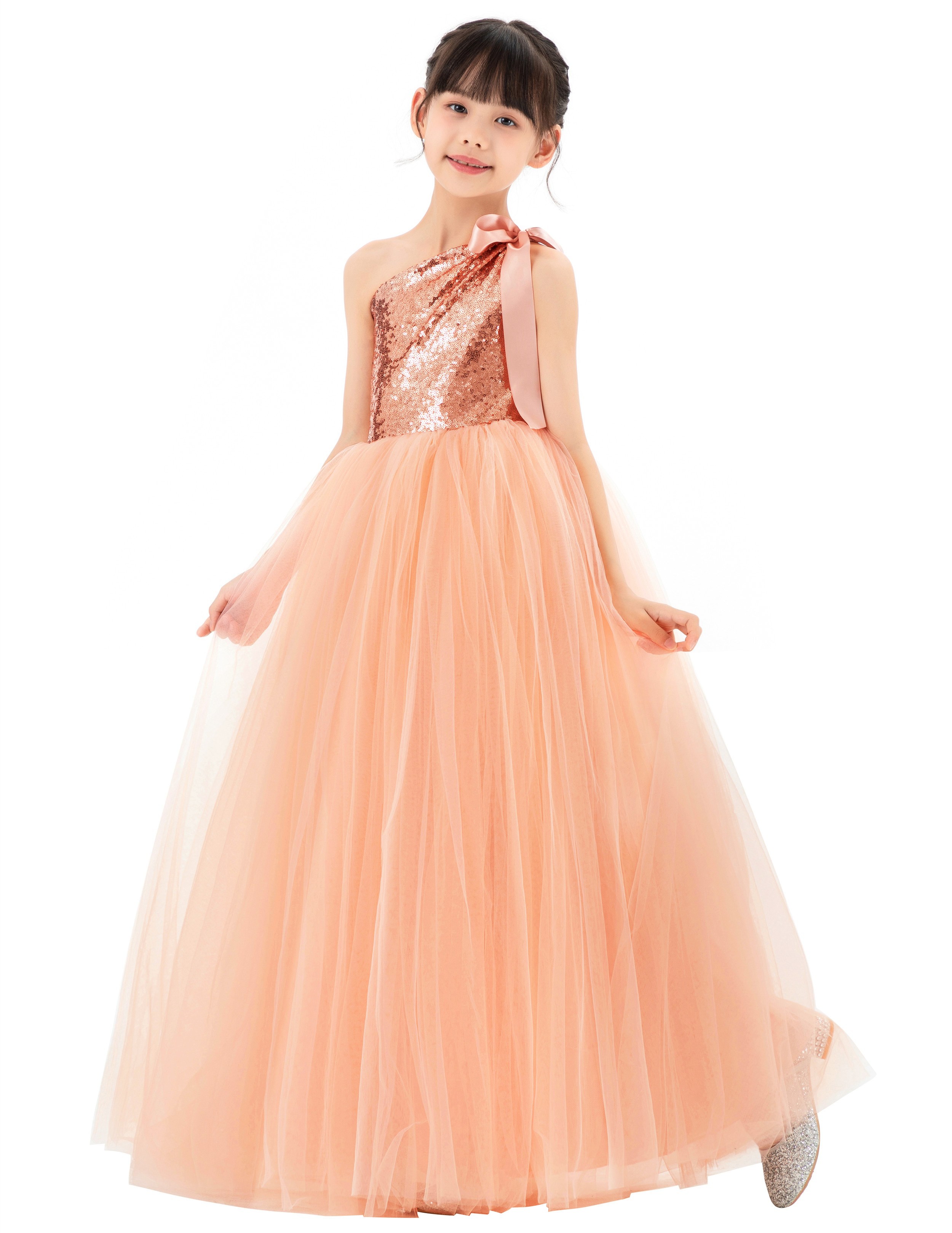 Peach Sparkle Sequin One Shoulder Flower Girl Dress Seq2