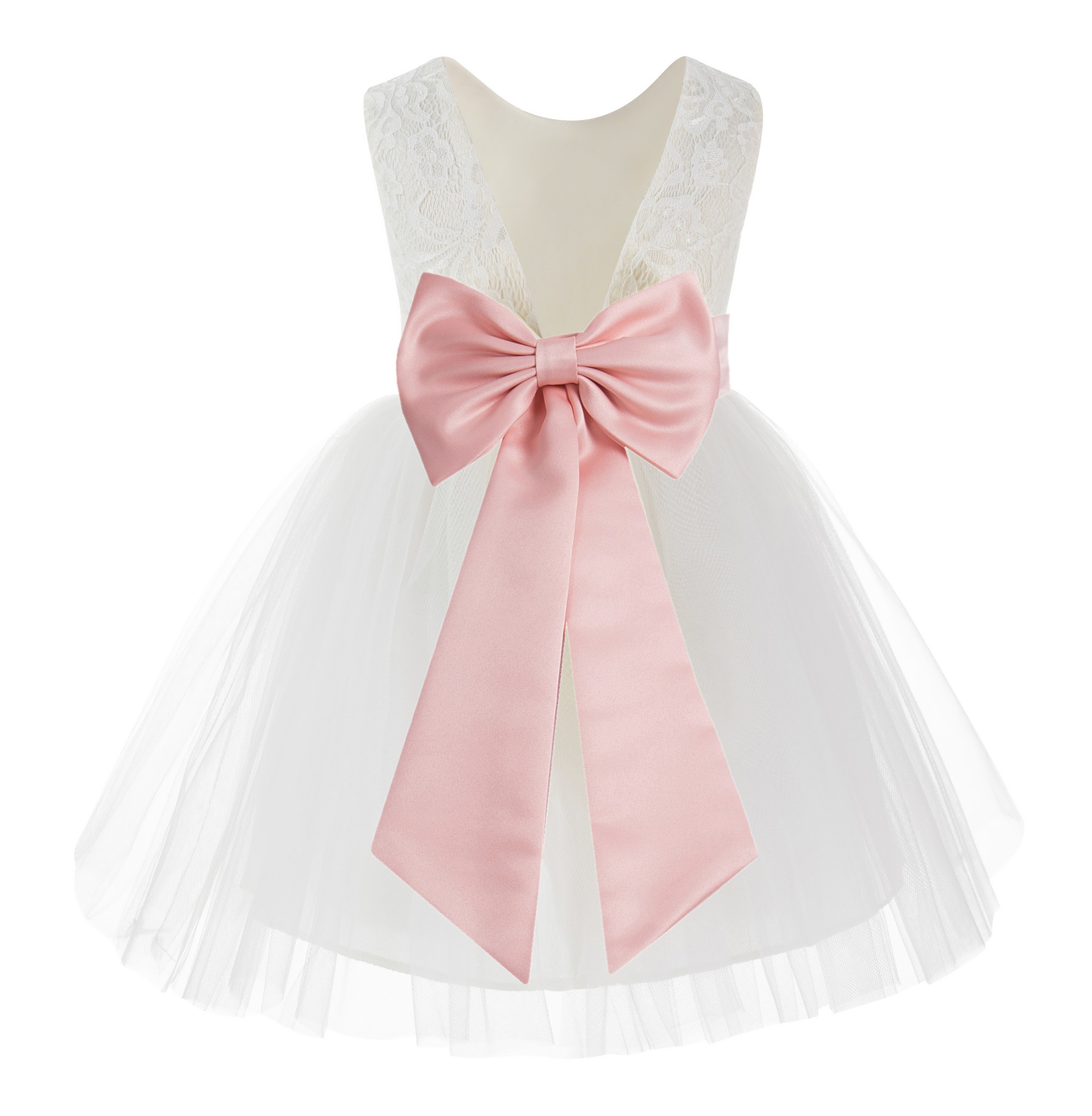 Ivory / Bellini Peach Backless Lace Flower Girl Dress V-Back 206T