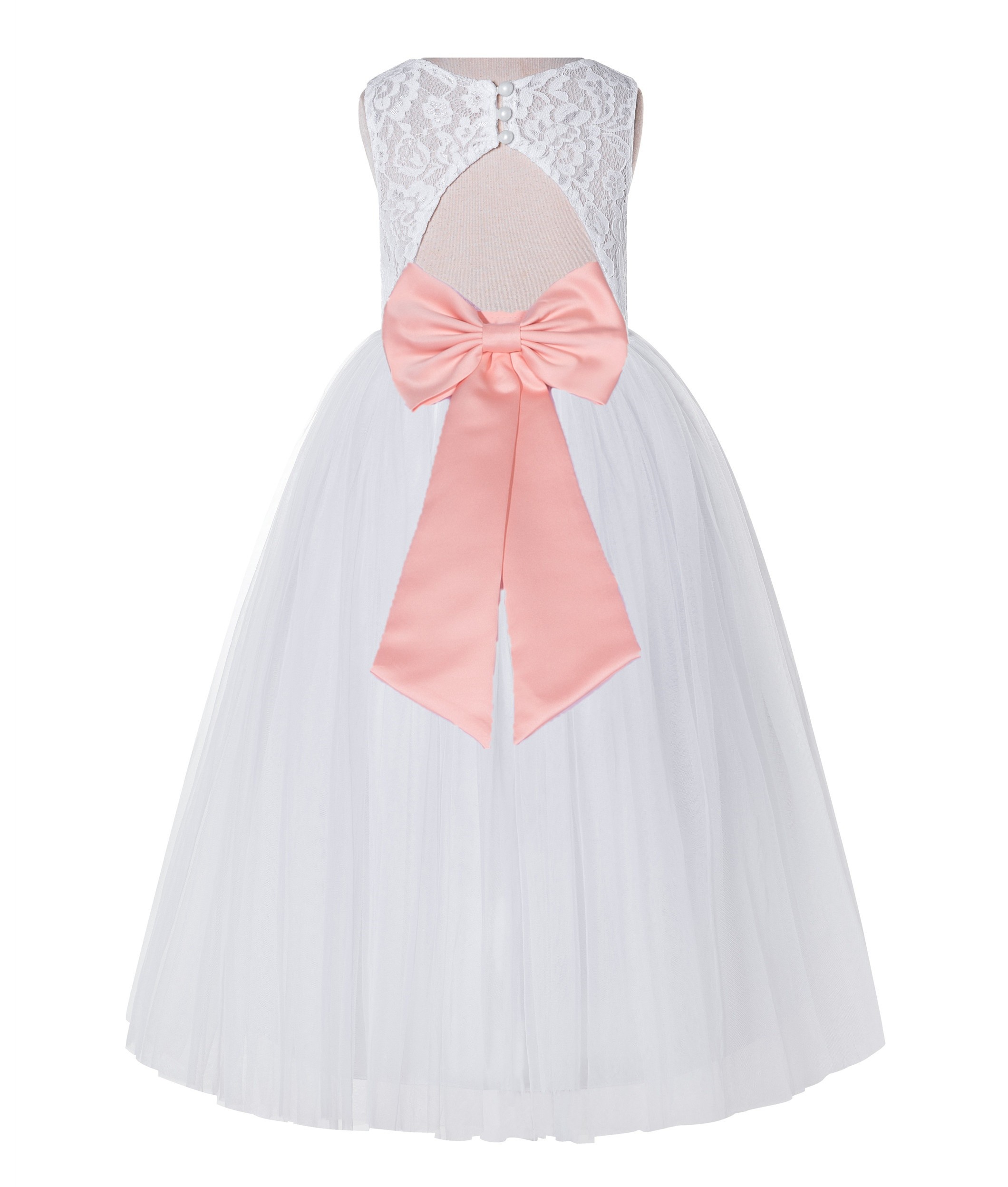White / Bellini Peach Lace Tulle Scoop Neck Keyhole Back A-Line Flower Girl Dress 178