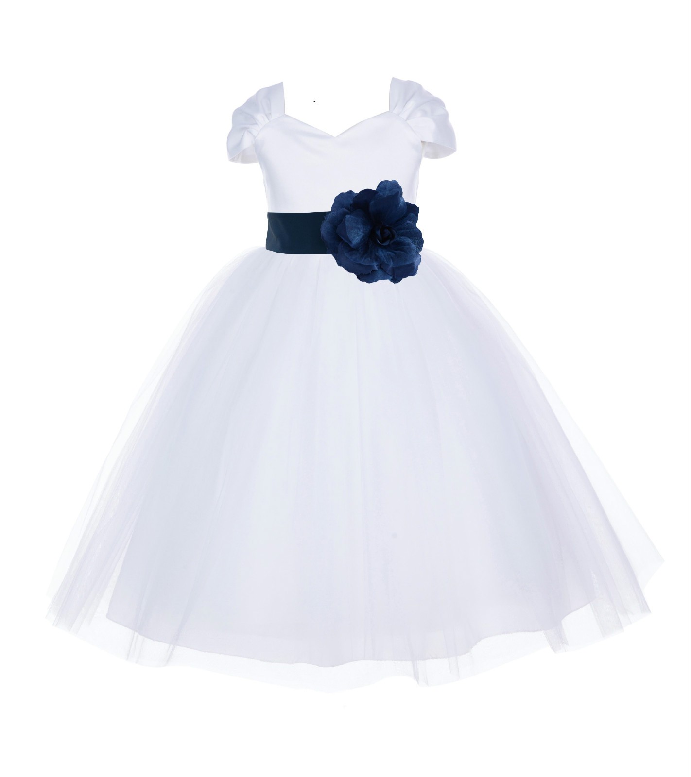 White/Peacock V-shaped Neckline Short Sleeves Tulle Flower Girl Dress 154S