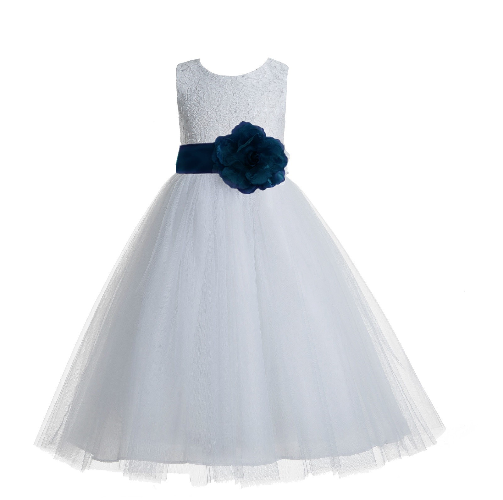 White / Peacock Floral Lace Heart Cutout Flower Girl Dress with Flower 172T