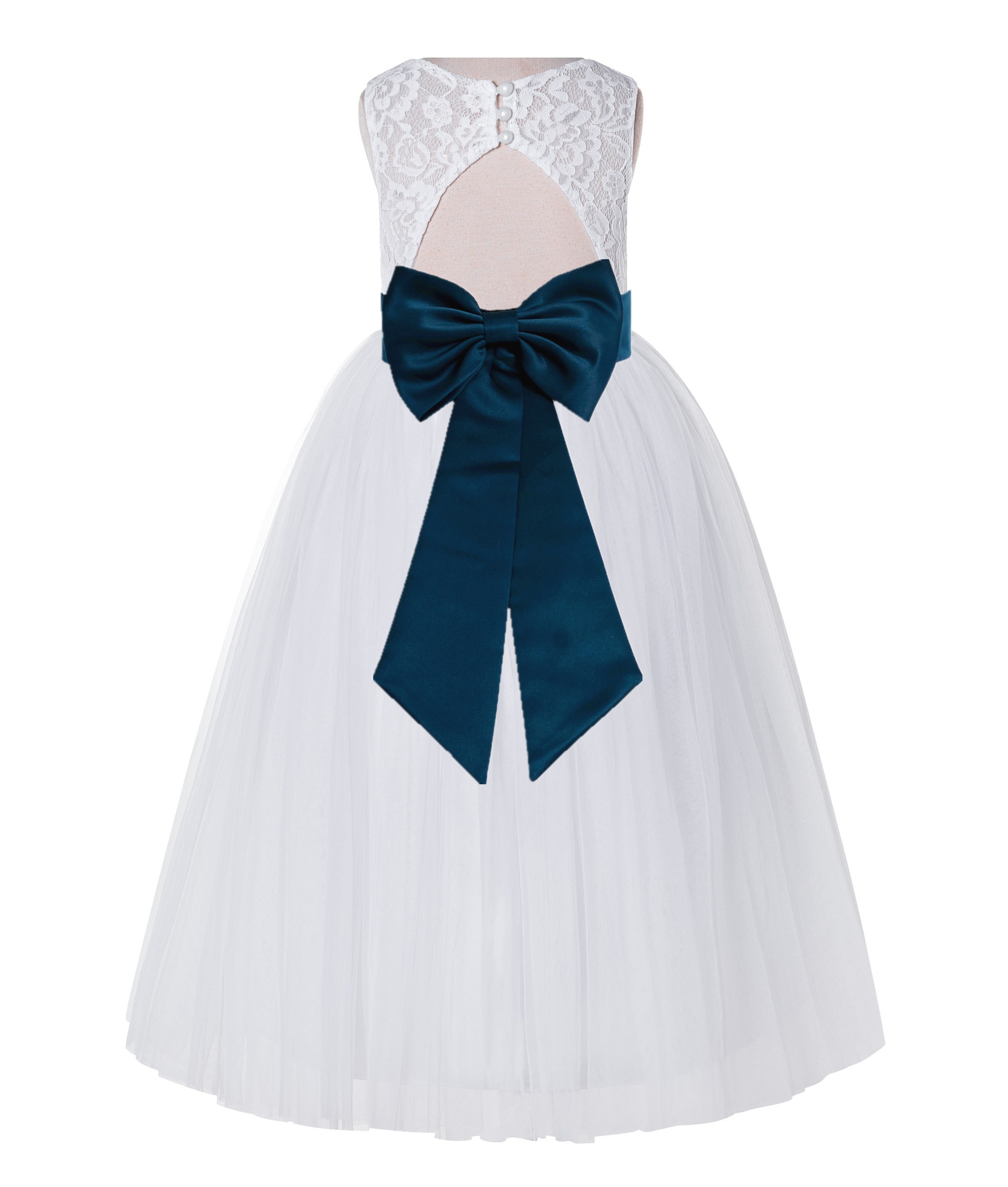 White / Peacock Blue Lace Tulle Scoop Neck Keyhole Back A-Line Flower Girl Dress 178