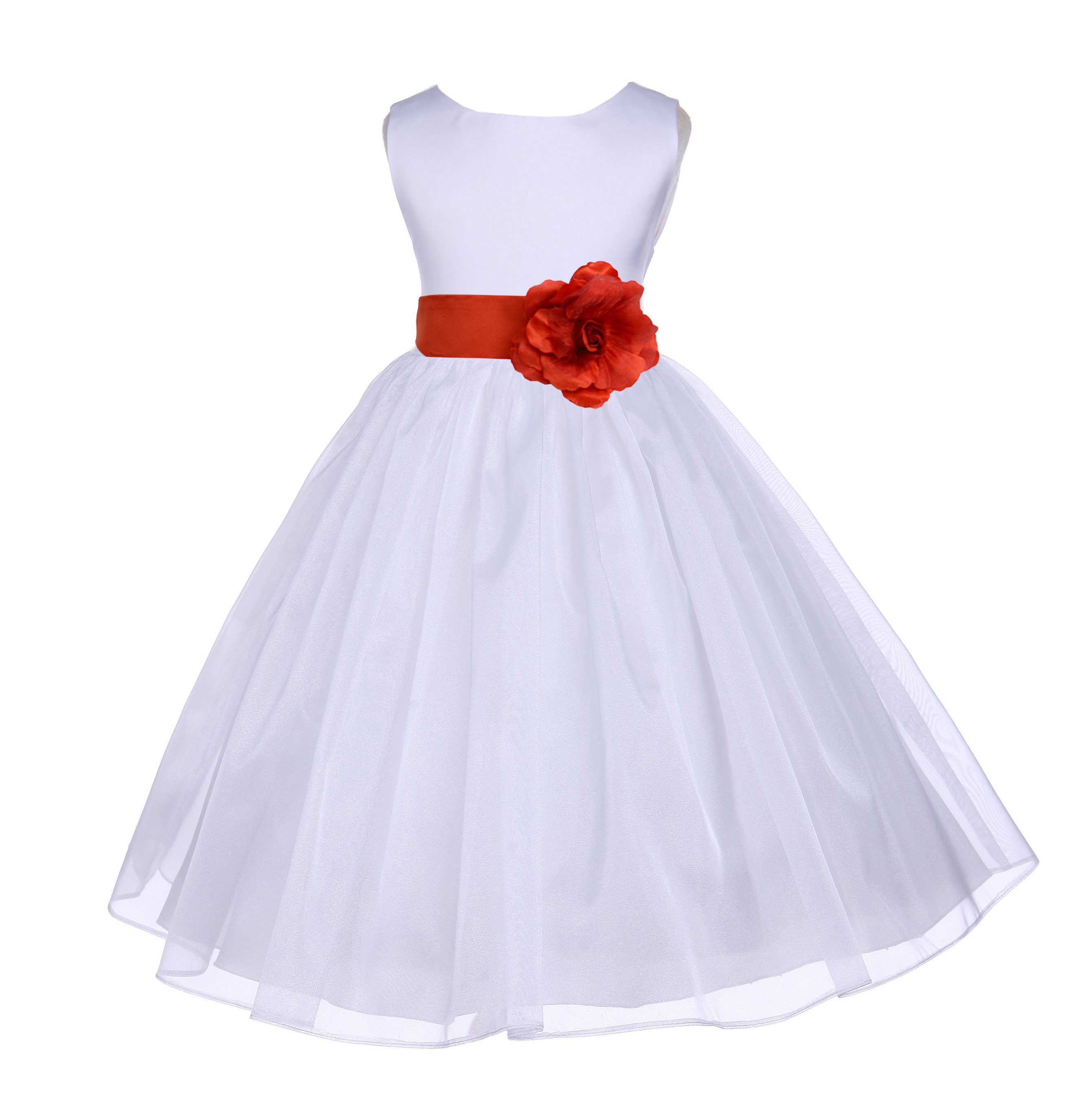 White/Persimmon Satin Bodice Organza Skirt Flower Girl Dress 841S
