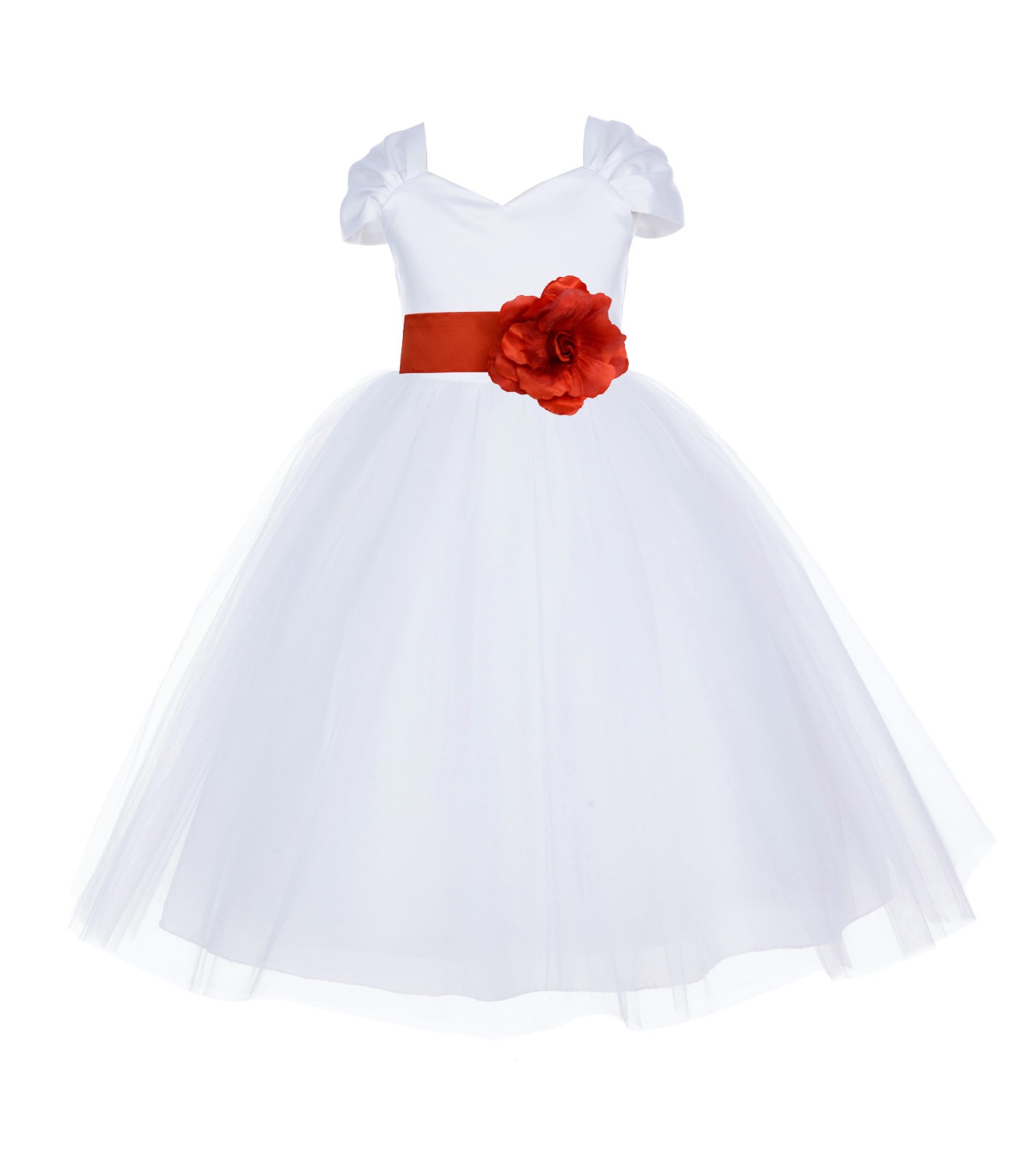 White/Persimmon V-shaped Neckline Short Sleeves Tulle Flower Girl Dress 154S