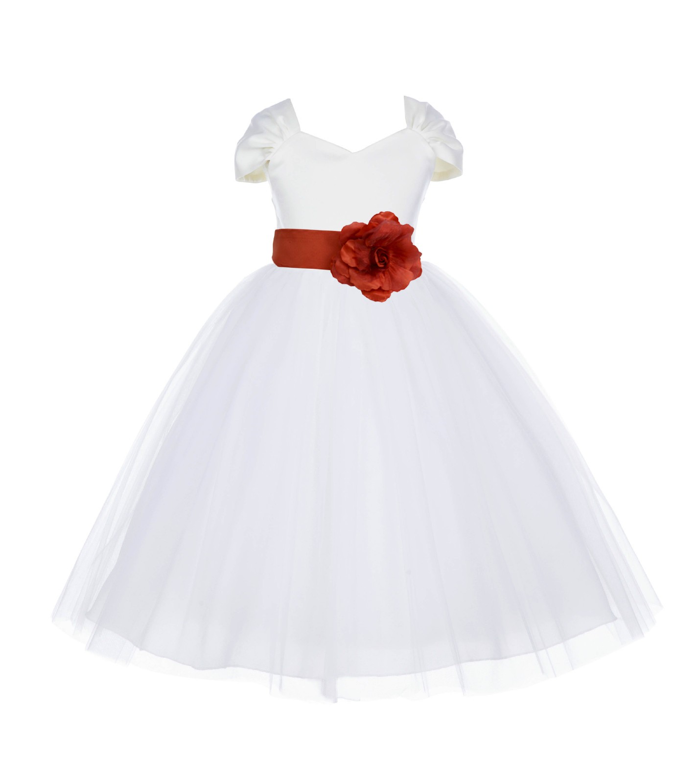 Ivory/Persimmon V-shaped Neckline Short Sleeves Tulle Flower Girl Dress 154S