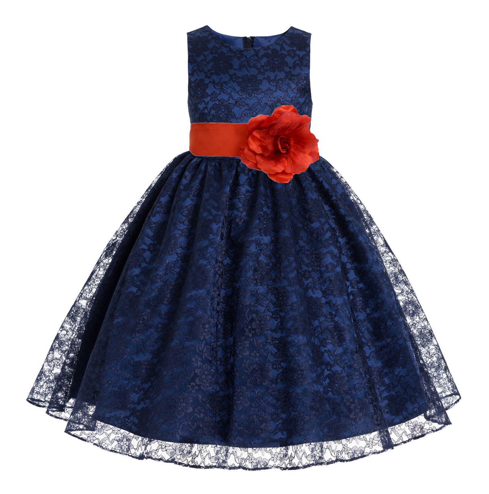 Navy Blue / Persimmon Floral Lace Overlay Flower Girl Dress Elegant Beauty 163T