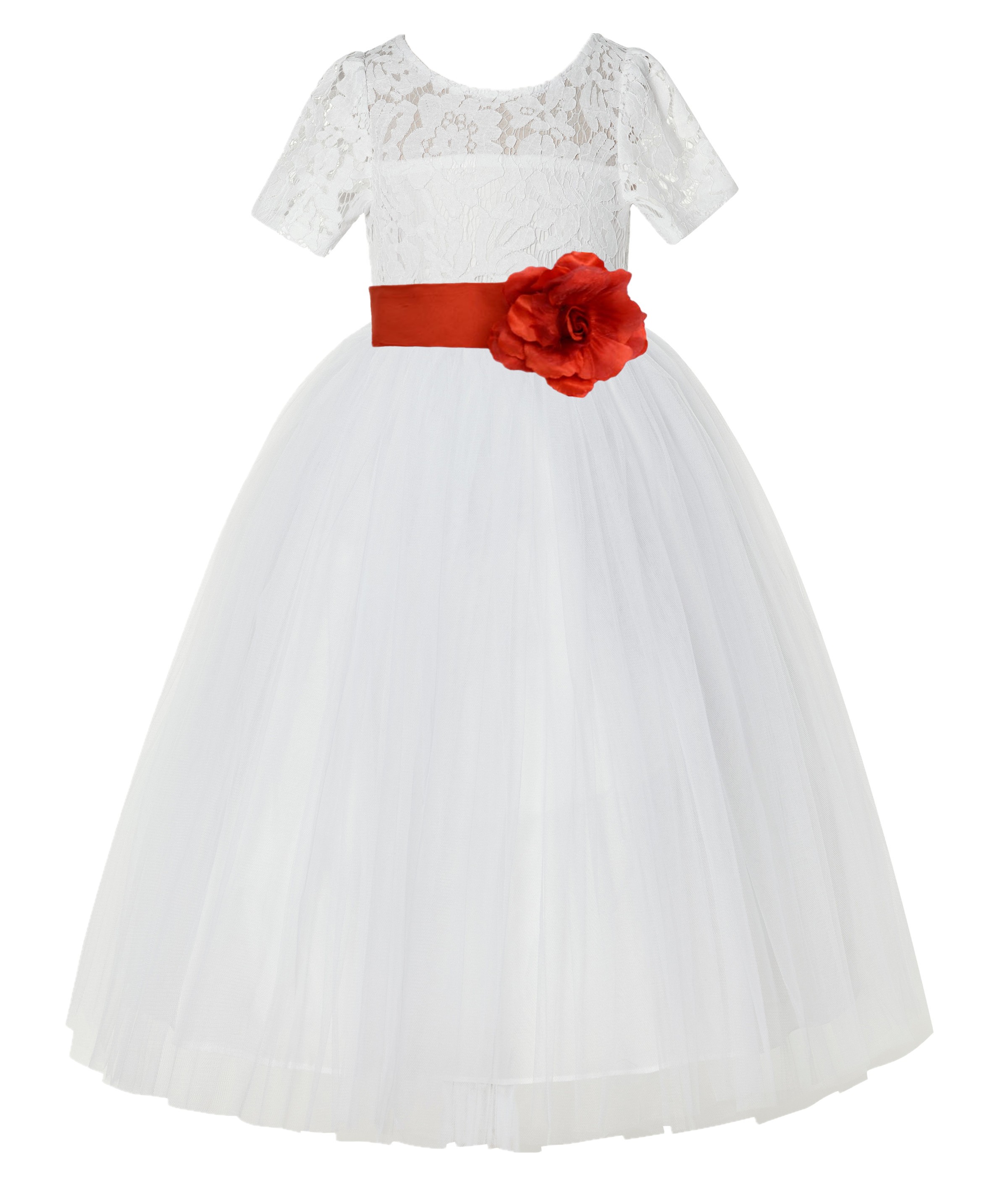 Ivory / Persimmon Red Floral Lace Flower Girl Dress Vintage Dress LG2