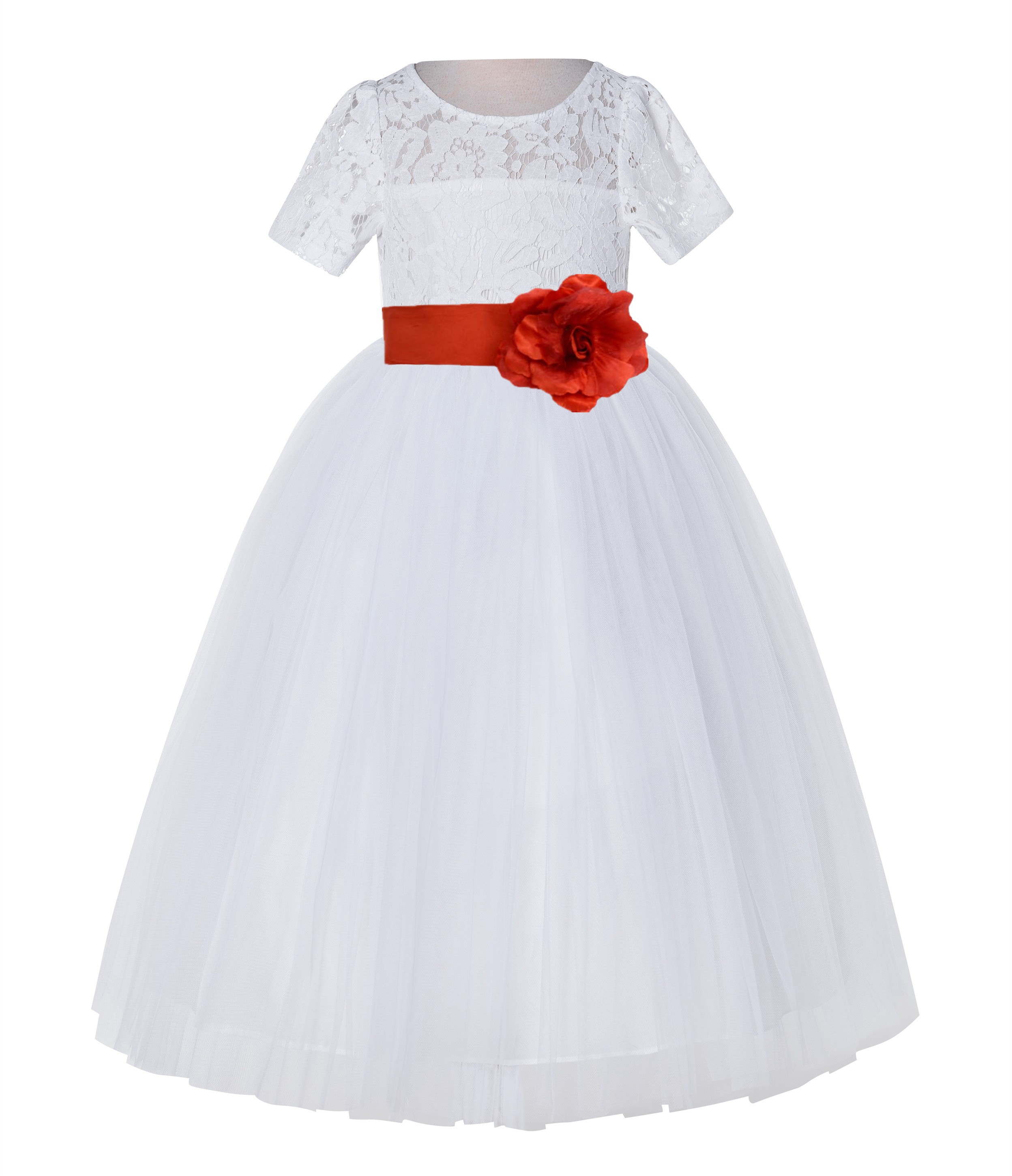 White / Persimmon Red Floral Lace Flower Girl Dress Vintage Dress LG2