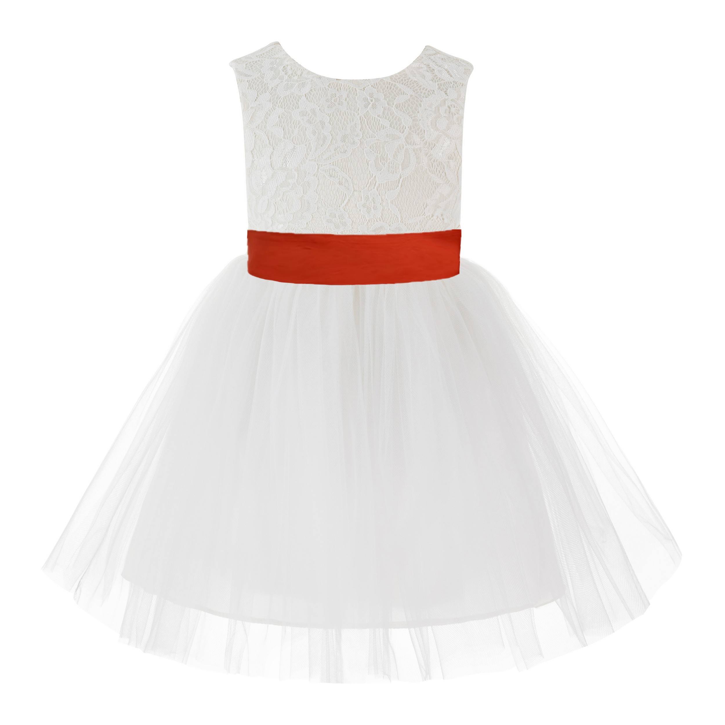 Ivory / Persimmon Red Backless Lace Flower Girl Dress V-Back 206T