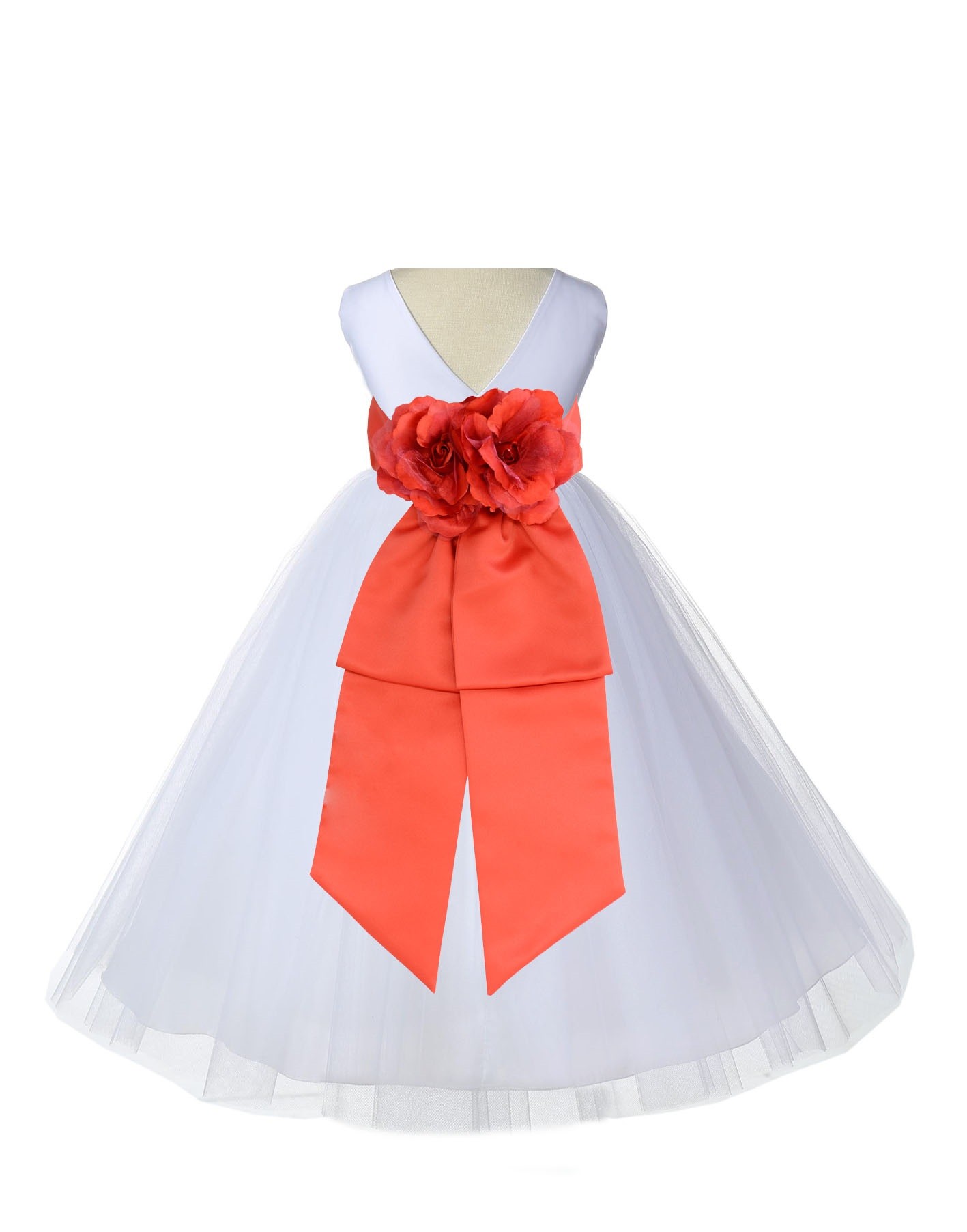 V-Neck Tulle White/Persimmon Flower Girl Dress Wedding Pageant 108