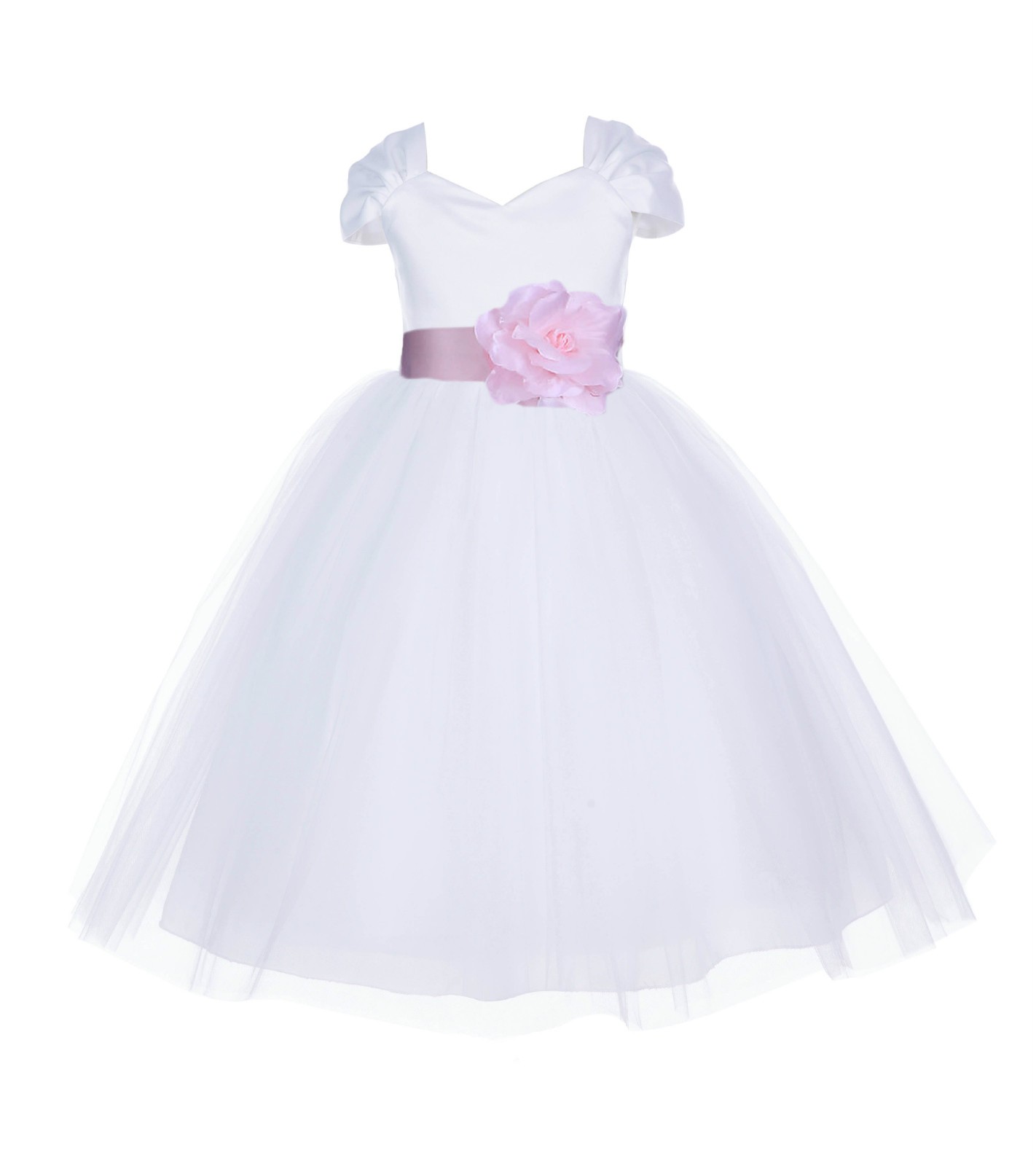 White/Pink V-shaped Neckline Short Sleeves Tulle Flower Girl Dress 154S